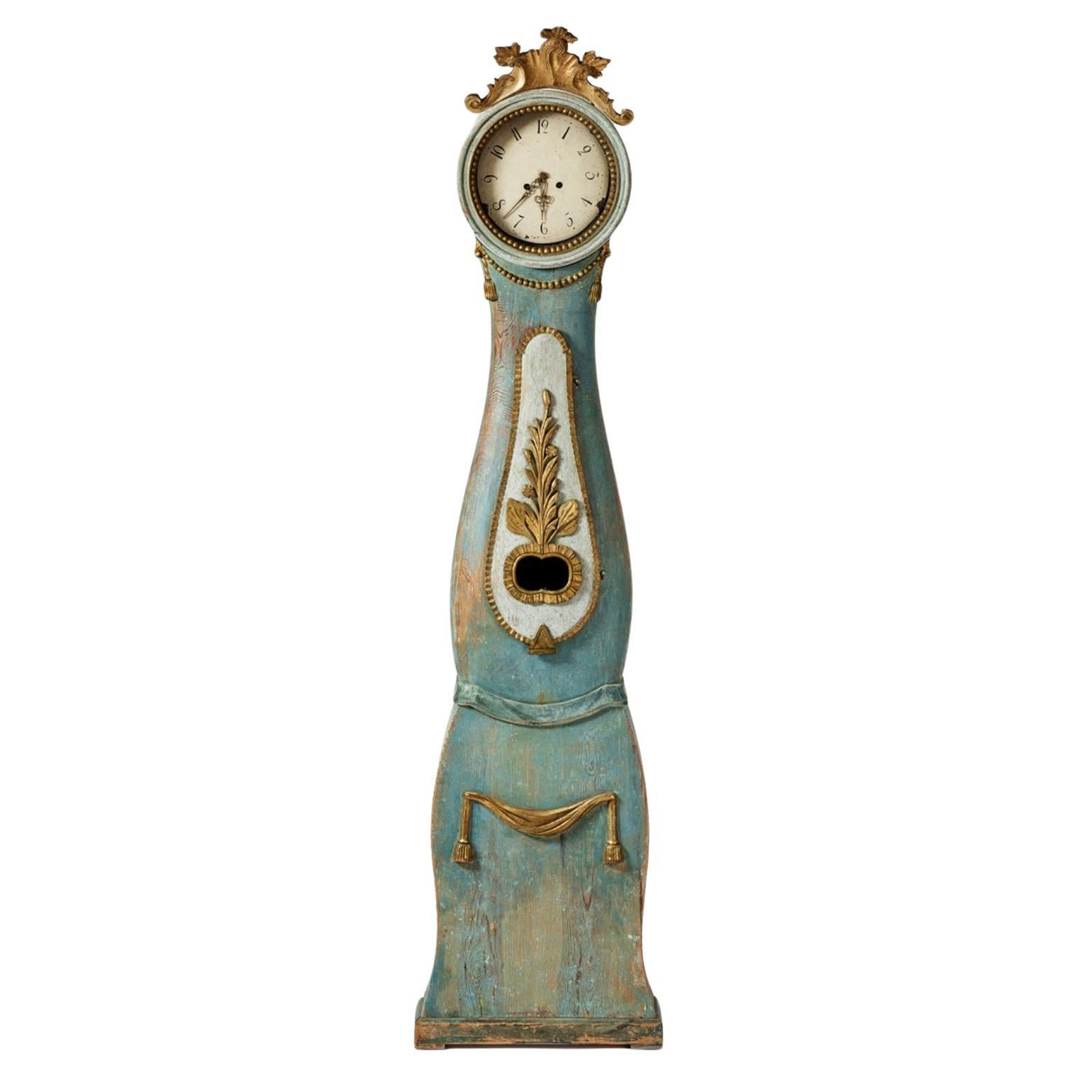 C19th Century Swedish Long Case Clock with Gilded Decoration & Original Paint  For Sale