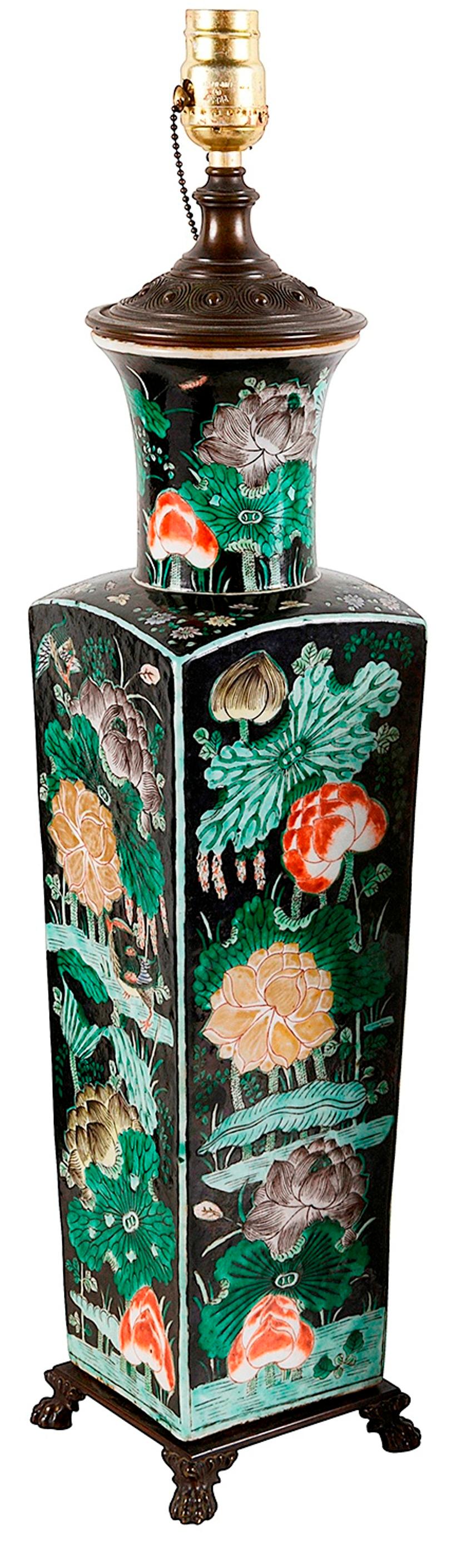 Hand-Painted 19th Century Chinese Famille Noire Porcelain Vase / Lamp For Sale