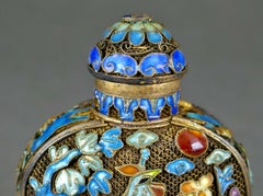C19th Chinese Silver Enamel Phoenix Bird Snuff Form Scholars Scent Bottle