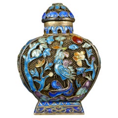 Antique C19th Chinese Silver Enamel Phoenix Bird Snuff Form Scholars Scent Bottle