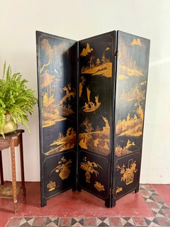 C19th Ebonised Two-Sided Chinoiserie Screen