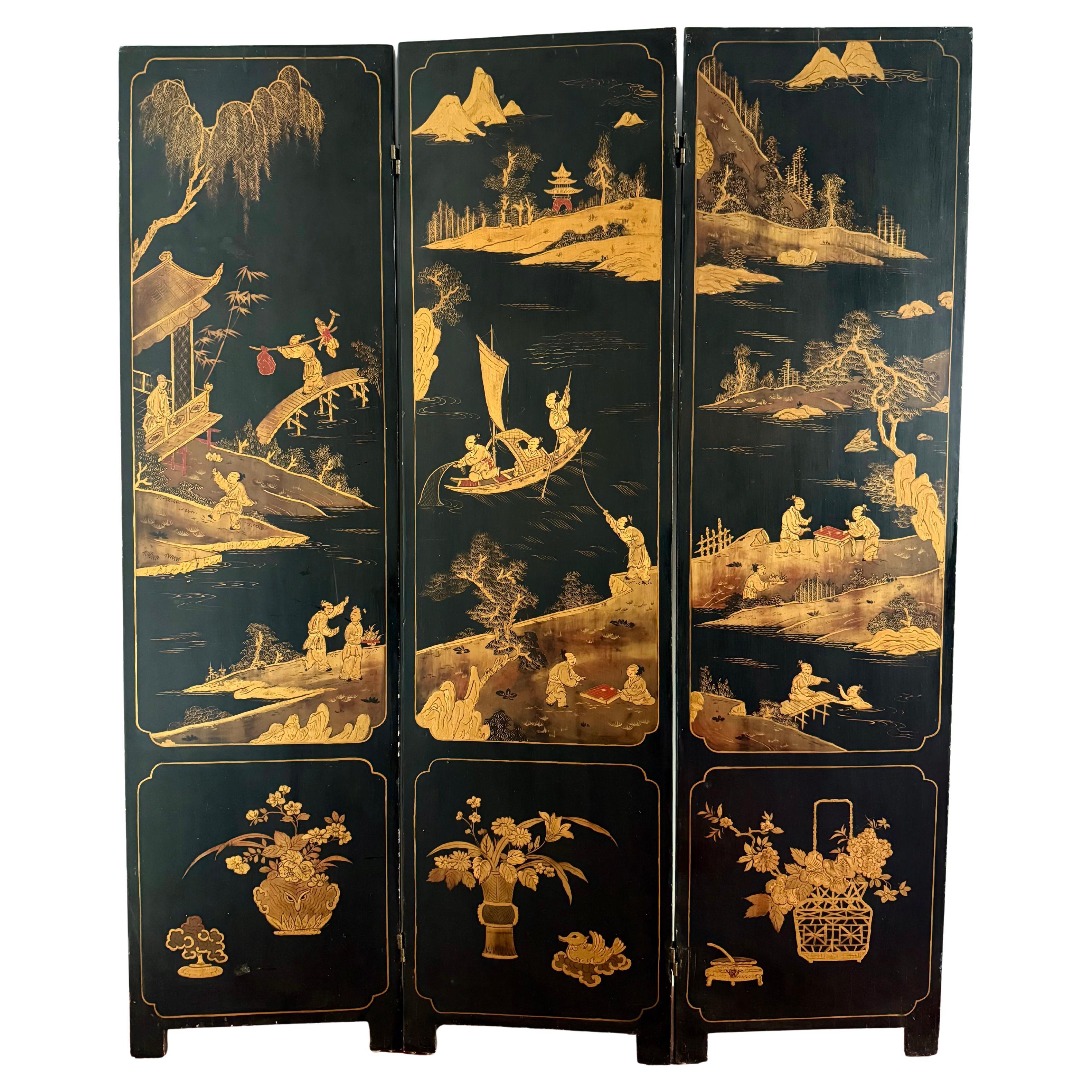 C19th Ebonised Two-Sided Chinoiserie Screen