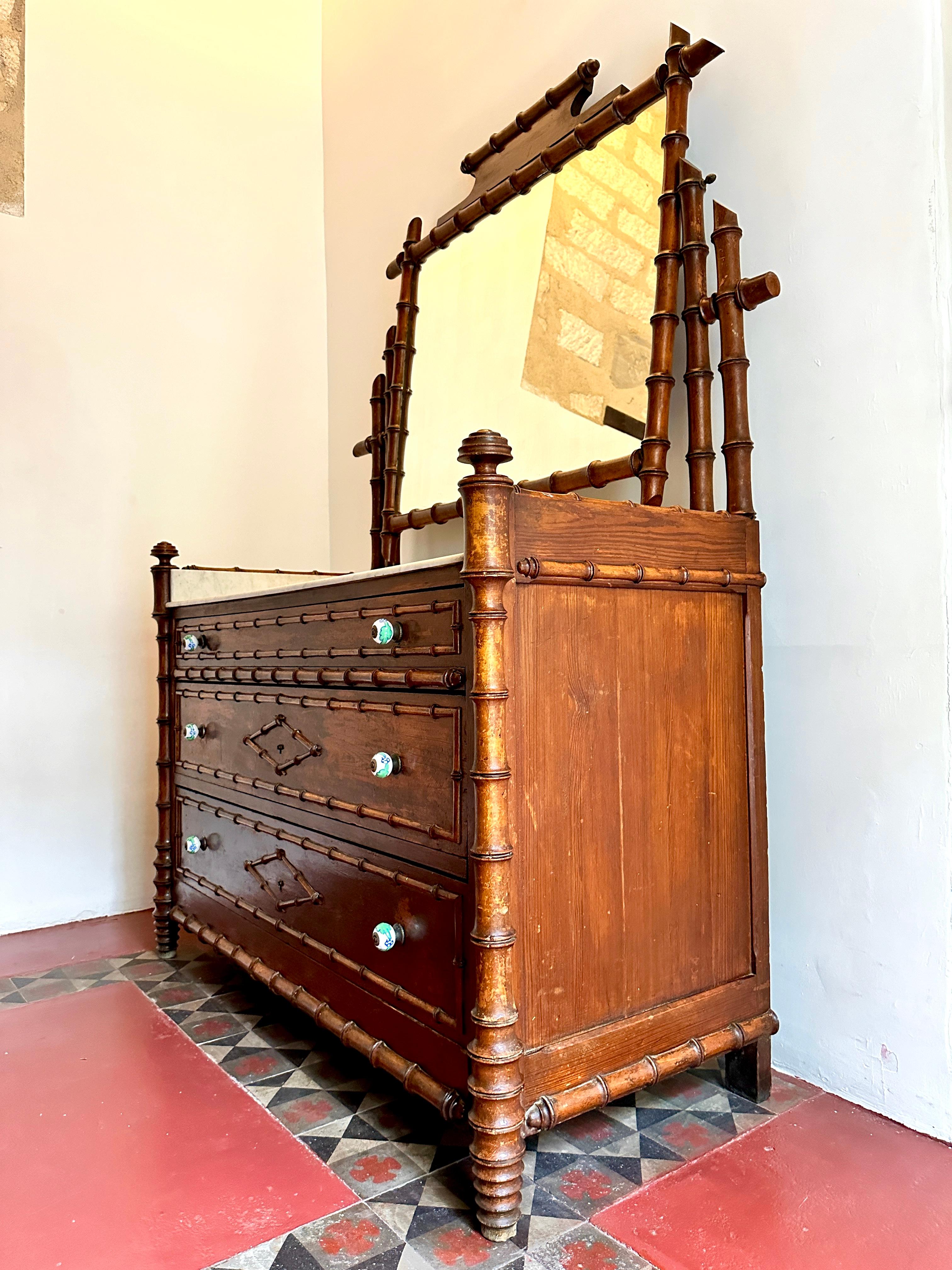 Late 19th Century C19th French Faux Bamboo & Marble Dresser For Sale