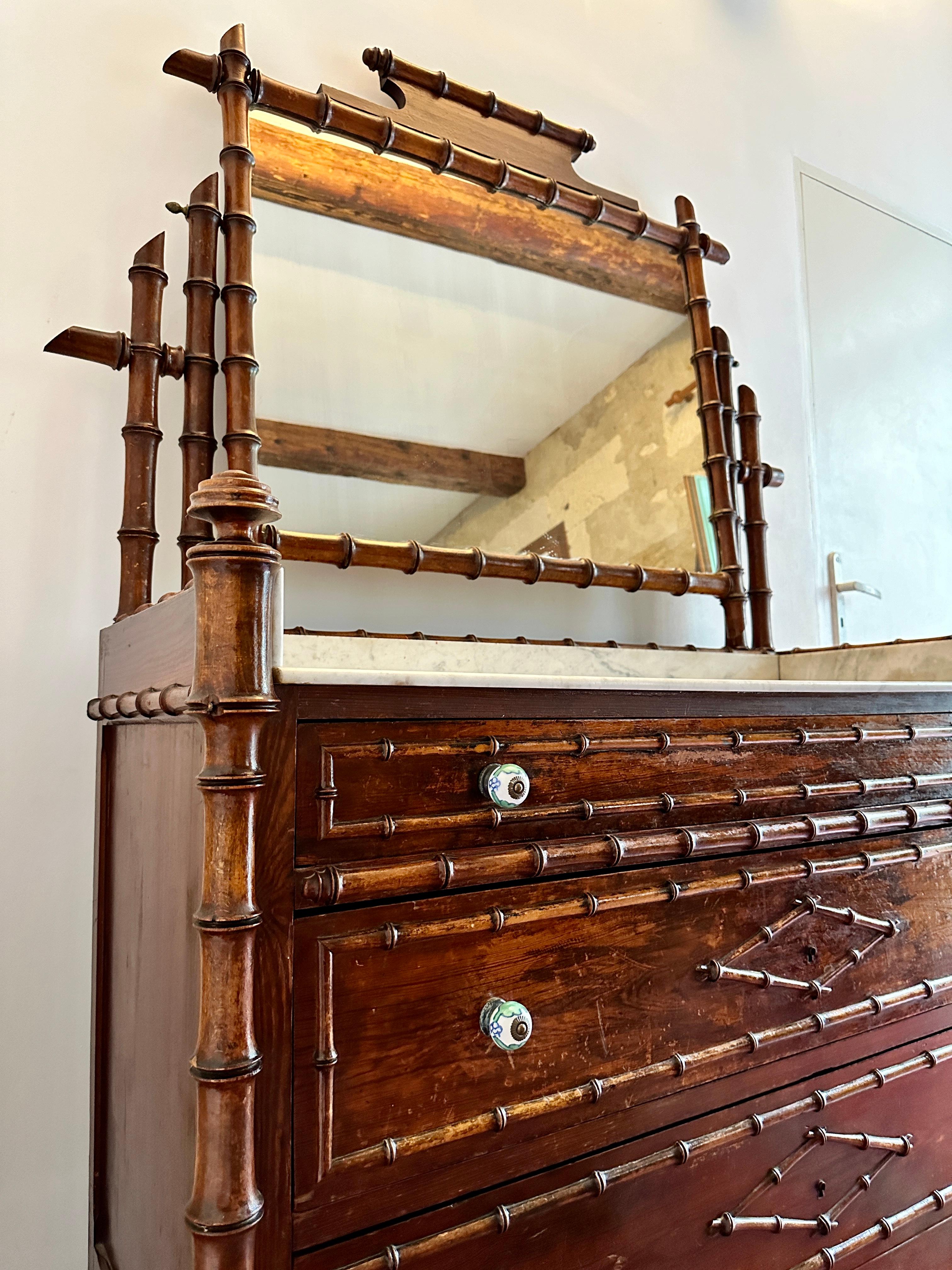 Ceramic C19th French Faux Bamboo & Marble Dresser For Sale