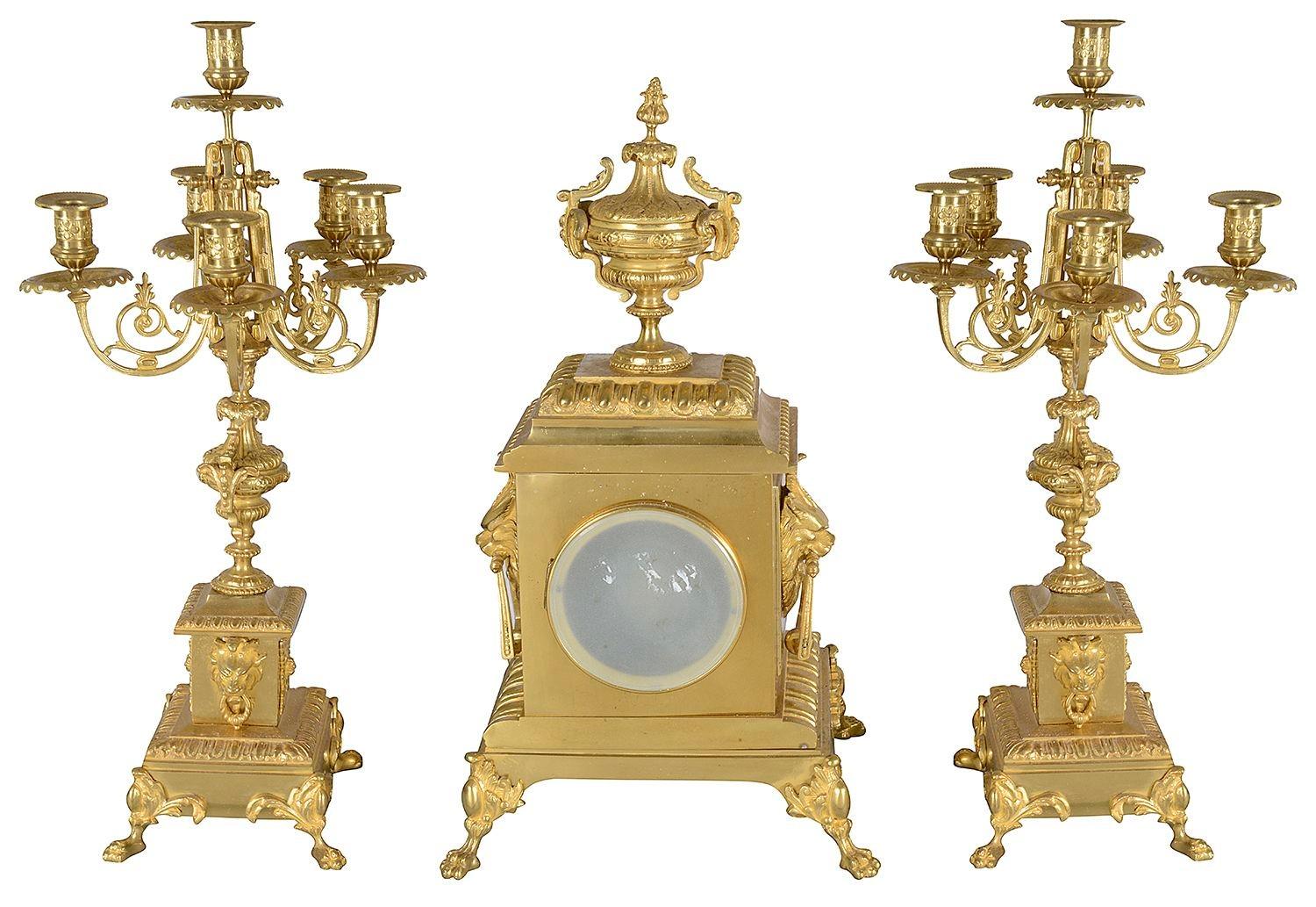 C19th French Gilded ormolu Clock set. For Sale 2