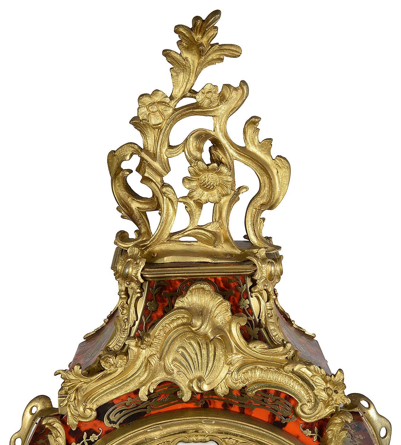 Veneer C19th French Louis XVI style Boulle mantel clock. 86cm high For Sale