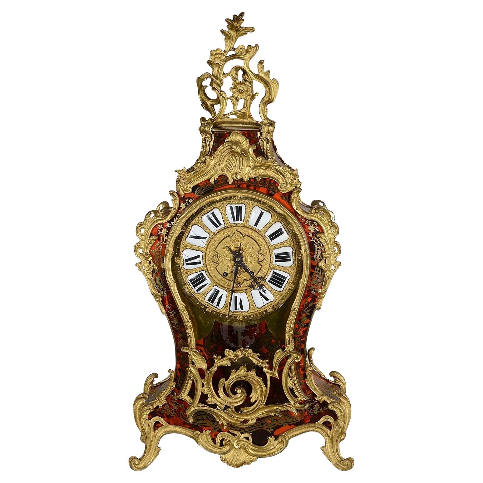 C19th French Louis XVI style Boulle mantel clock. 86cm high