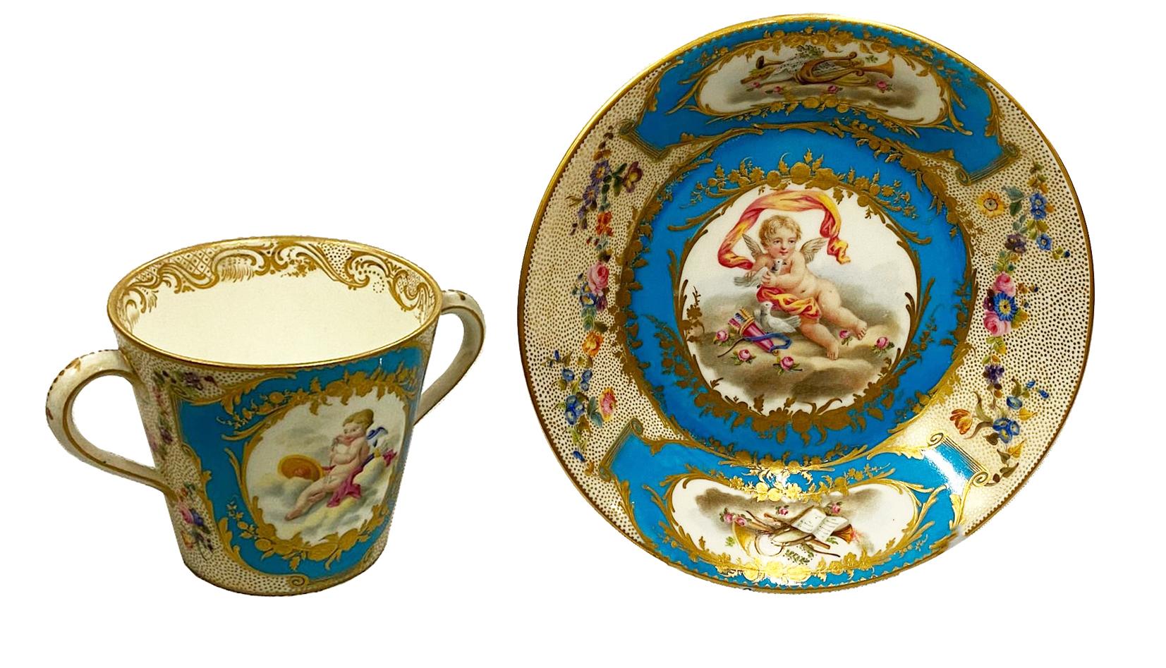 Hand-Painted 19th Century French Sevres Style Lidded Chocolate Cup
