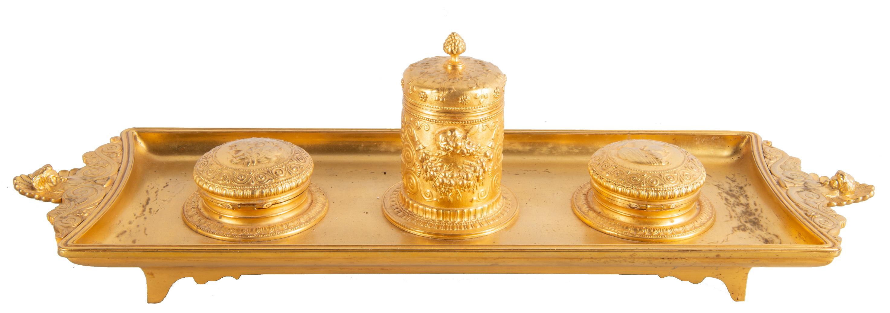 19th Century Grand Tour Influenced Gilded Ormolu Ink Well, Stamped, Barbedienne For Sale 4