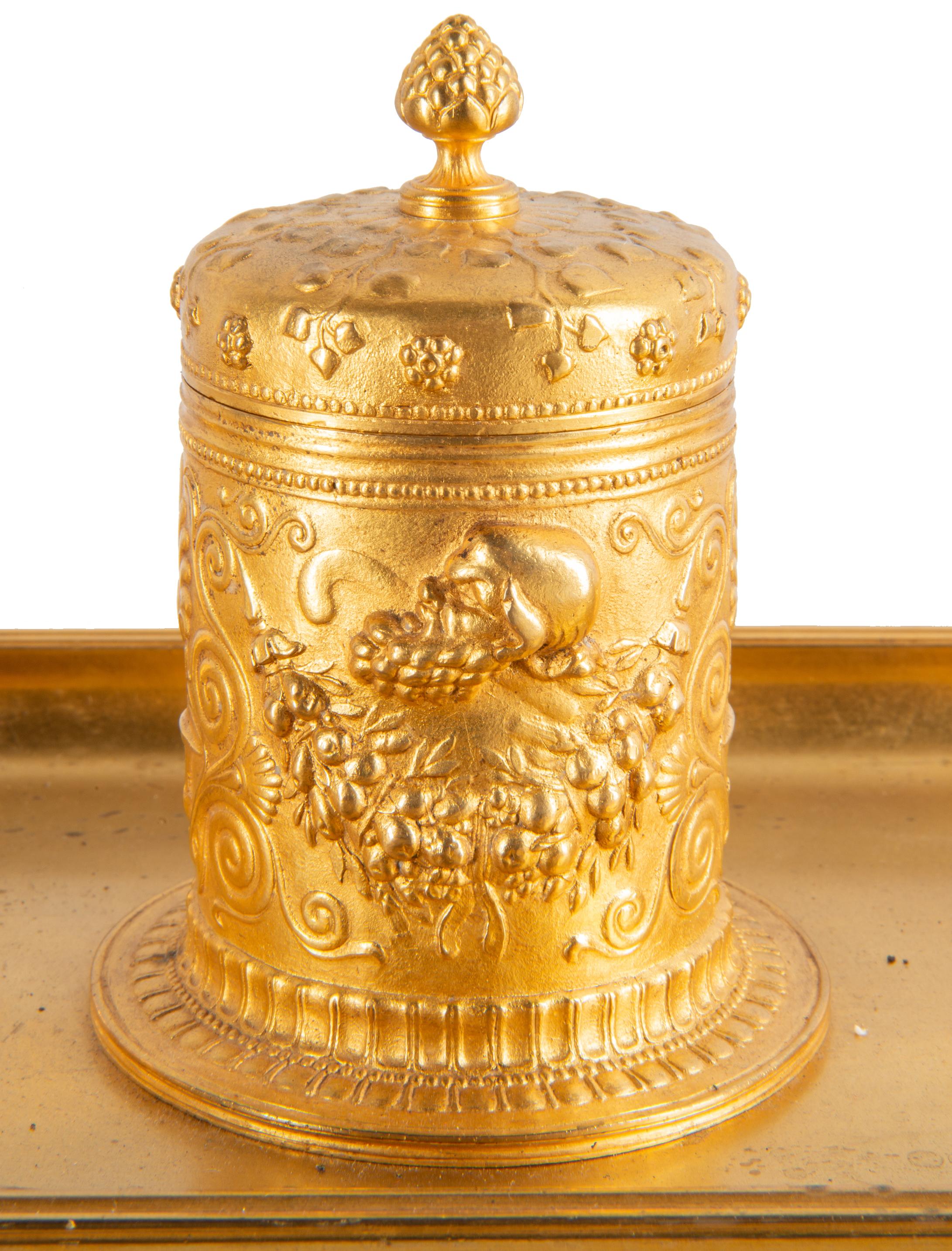 French 19th Century Grand Tour Influenced Gilded Ormolu Ink Well, Stamped, Barbedienne For Sale