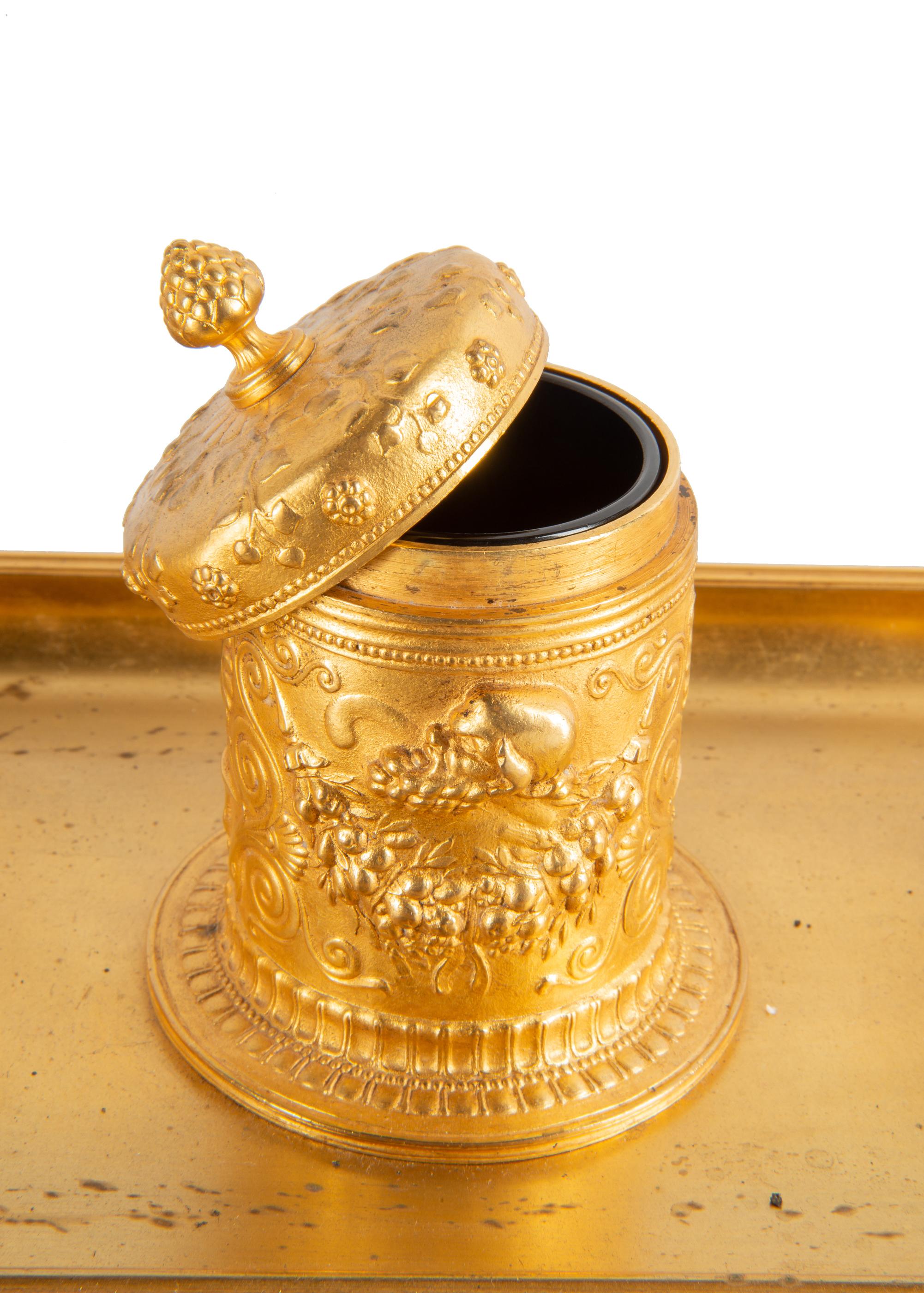 19th Century Grand Tour Influenced Gilded Ormolu Ink Well, Stamped, Barbedienne In Good Condition For Sale In Brighton, Sussex