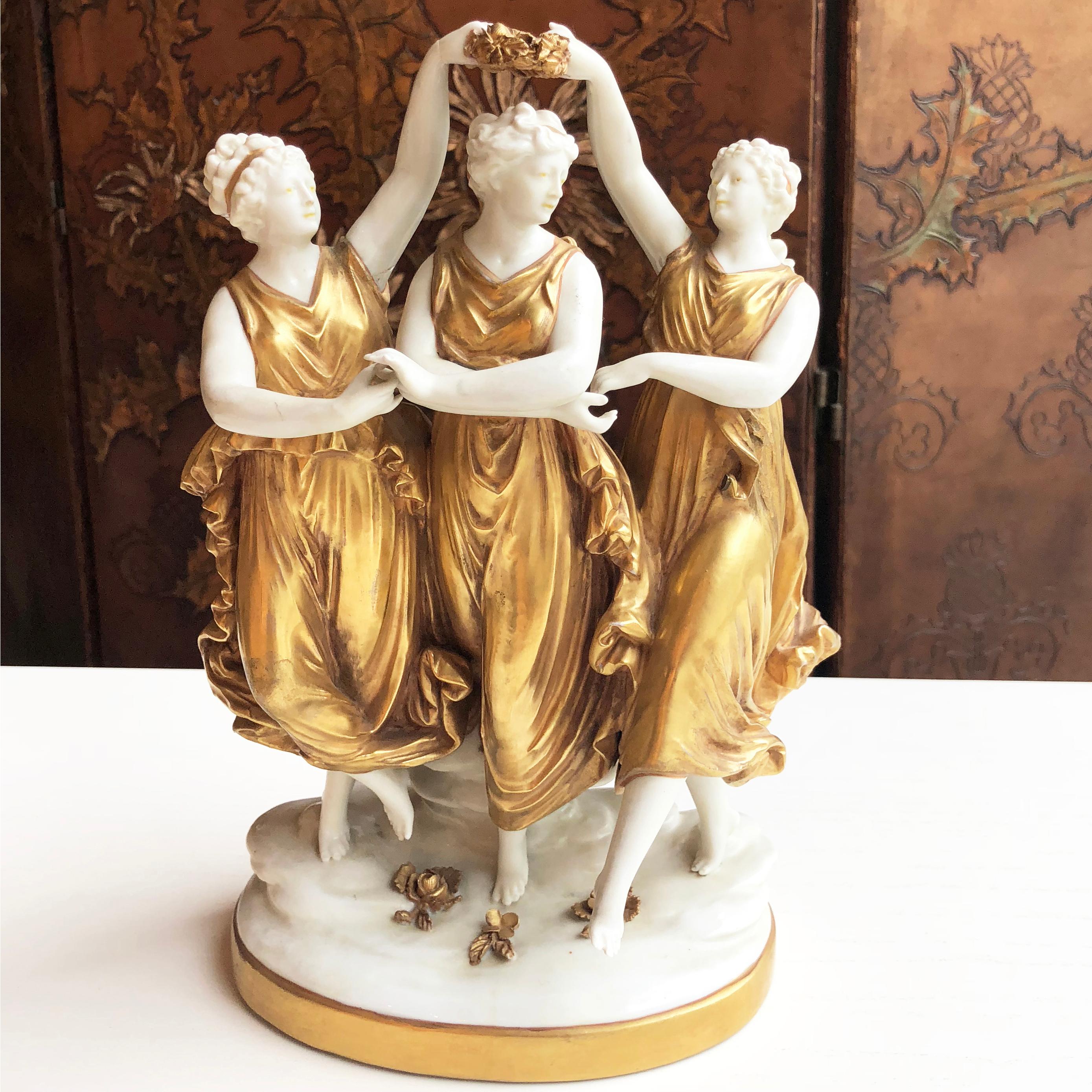 Late 1800’s Italian porcelain sculpture of dancing ladies with gold leaf detailing. Comes with the original antique glass dome.

Sculpture: 18W x 10D x 25H cm
Antique glass dome: 32Dia x 58H cm

Good antique condition