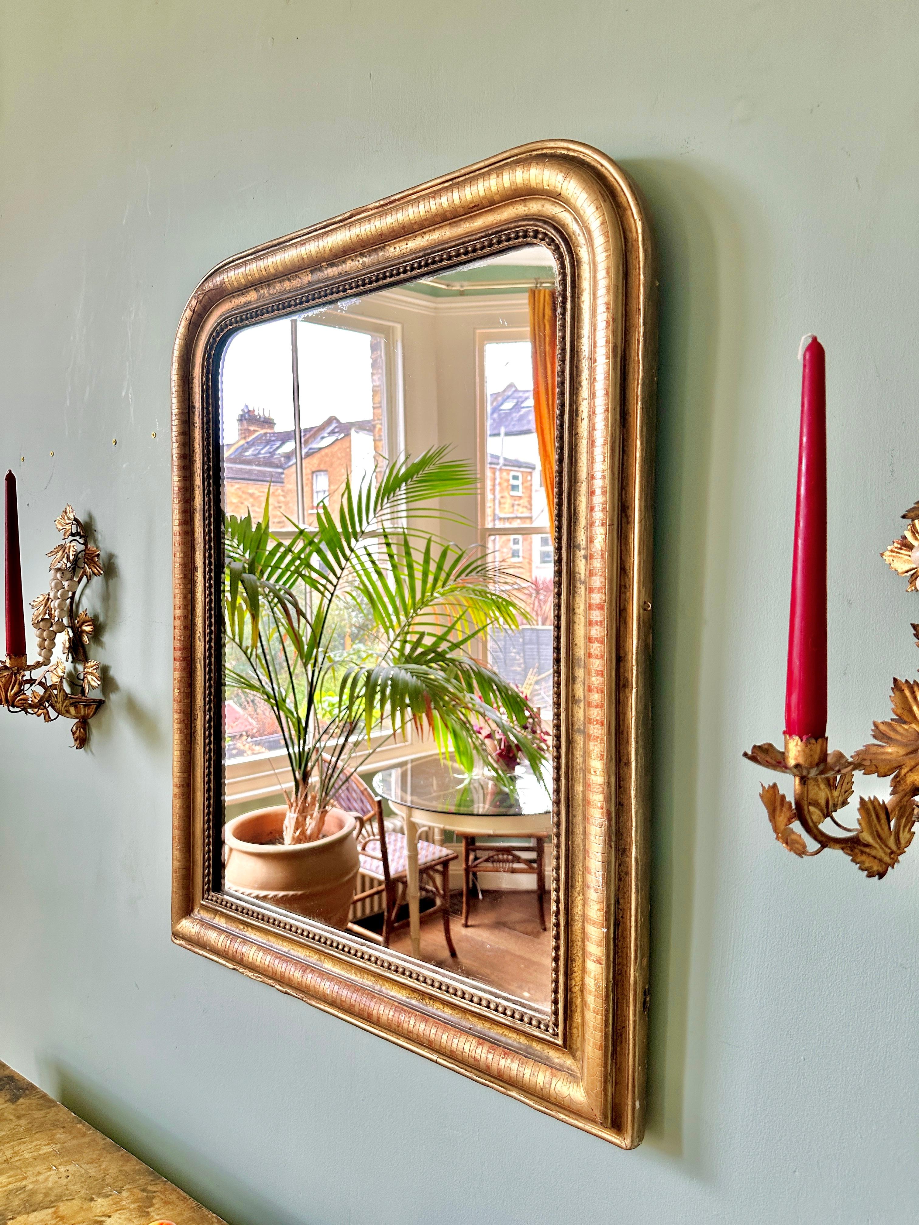 Beaded C19th Louis Philippe Gilt Arch Top Wall Mirror For Sale