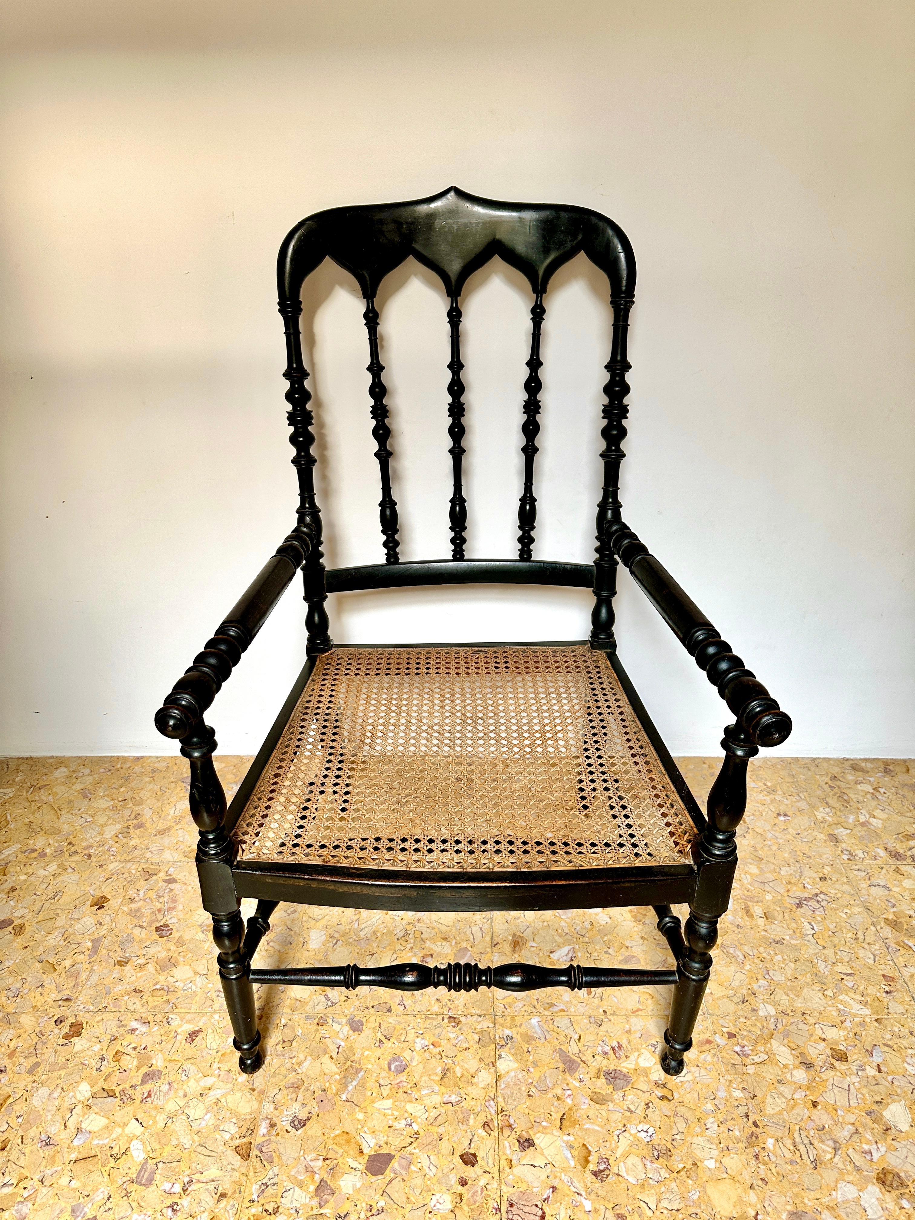 Turned C19th Napoleon III Ebonised Cane Seat Armchairs (Sold Separately, Four Available For Sale