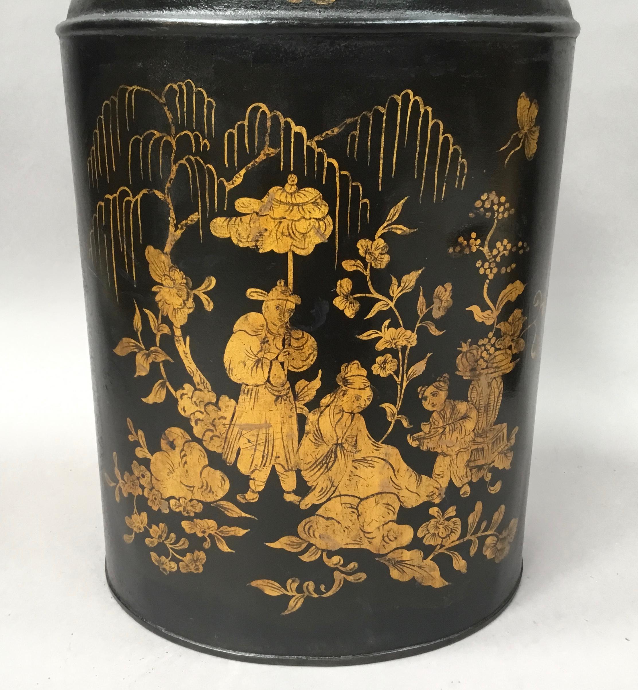 19th Century Pair of Chinoiserie Lacquered Tole Tea Canisters by John Bartlett For Sale 4
