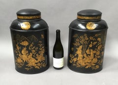19th Century Pair of Chinoiserie Lacquered Tole Tea Canisters by John Bartlett
