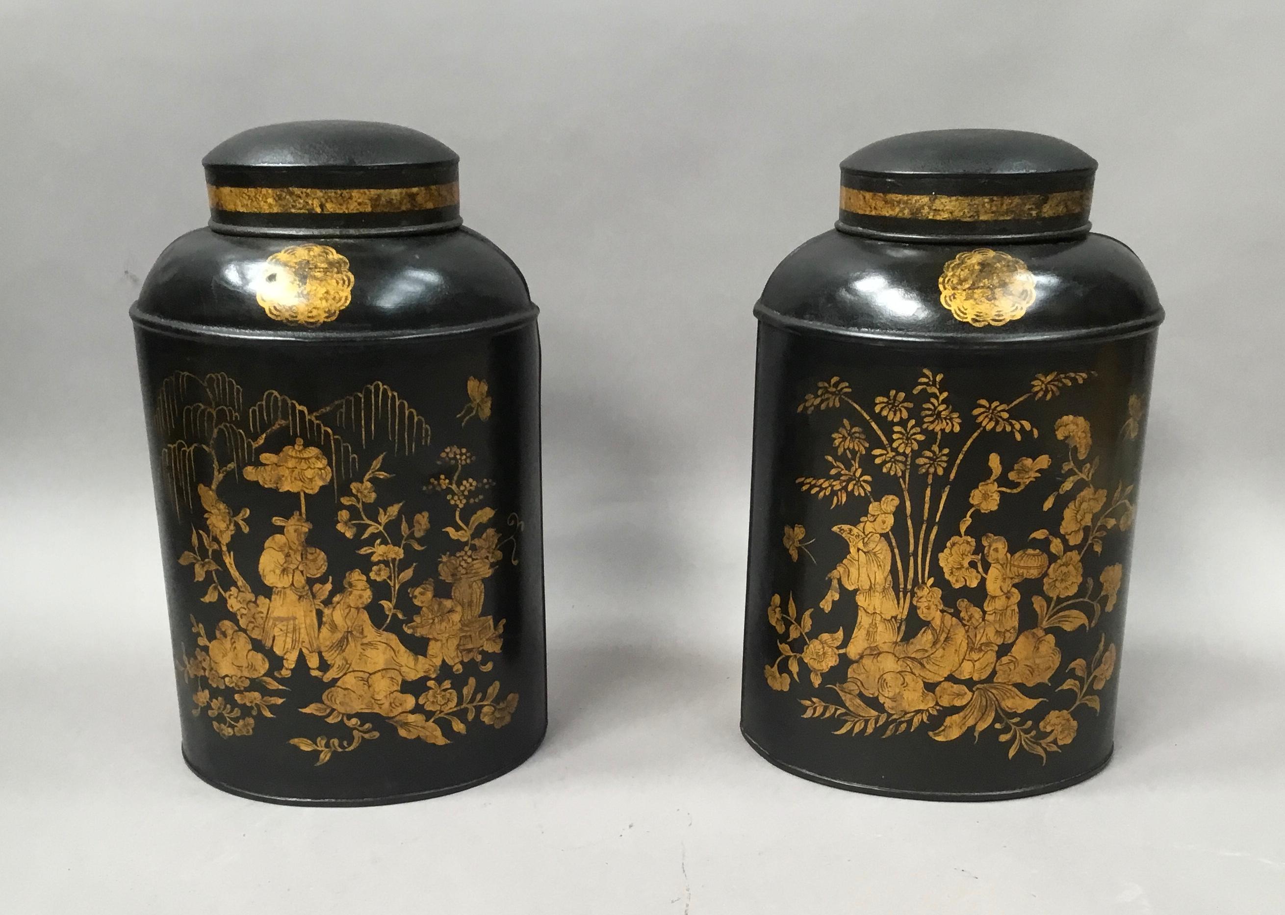 English 19th Century Pair of Chinoiserie Lacquered Tole Tea Canisters by John Bartlett For Sale