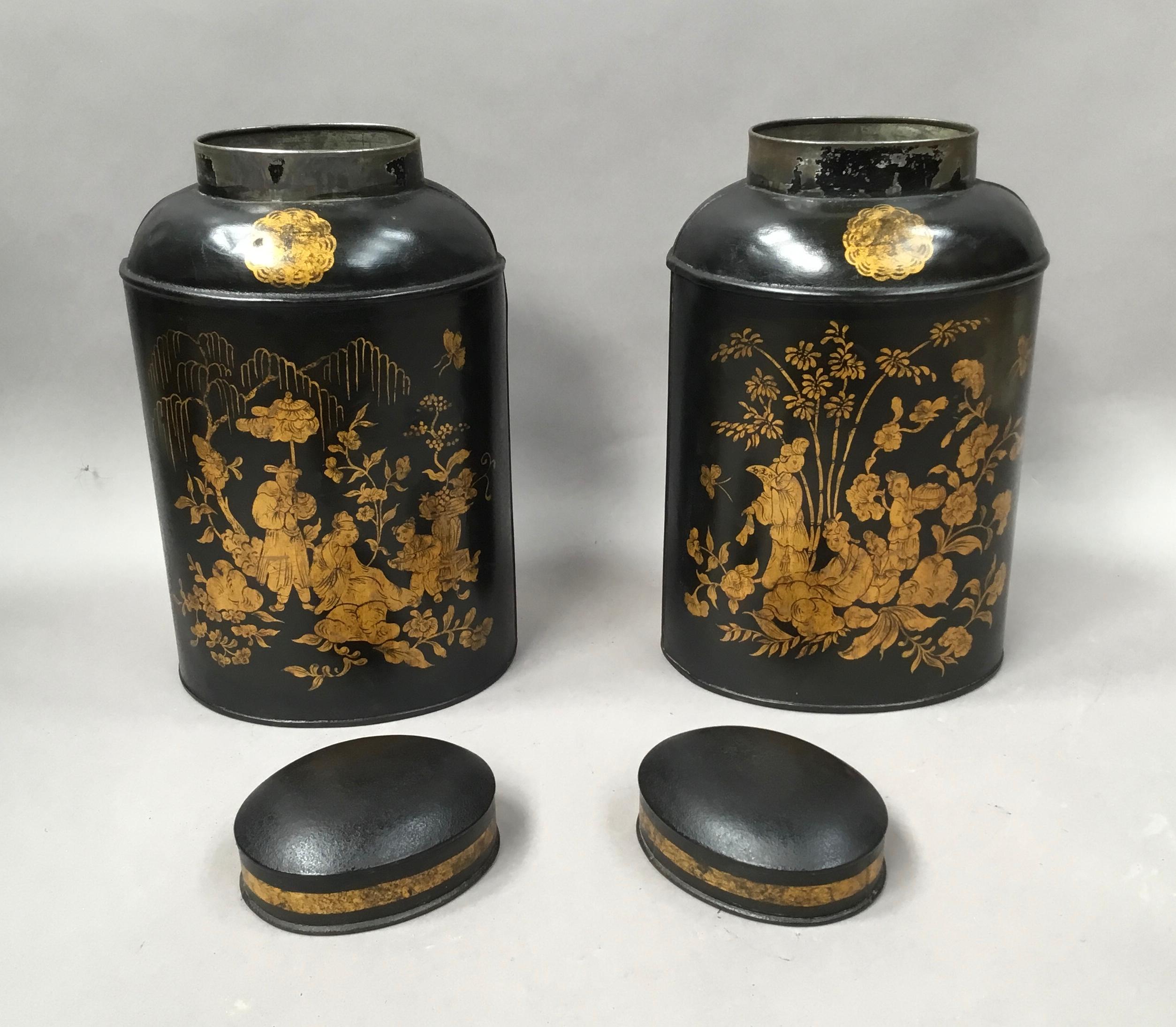 Metal 19th Century Pair of Chinoiserie Lacquered Tole Tea Canisters by John Bartlett For Sale