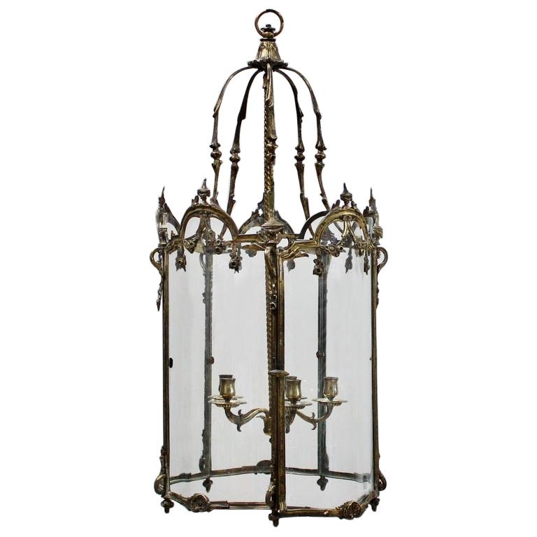 19th Century Polished Bronze Louis XV Revival Hall Lantern For Sale