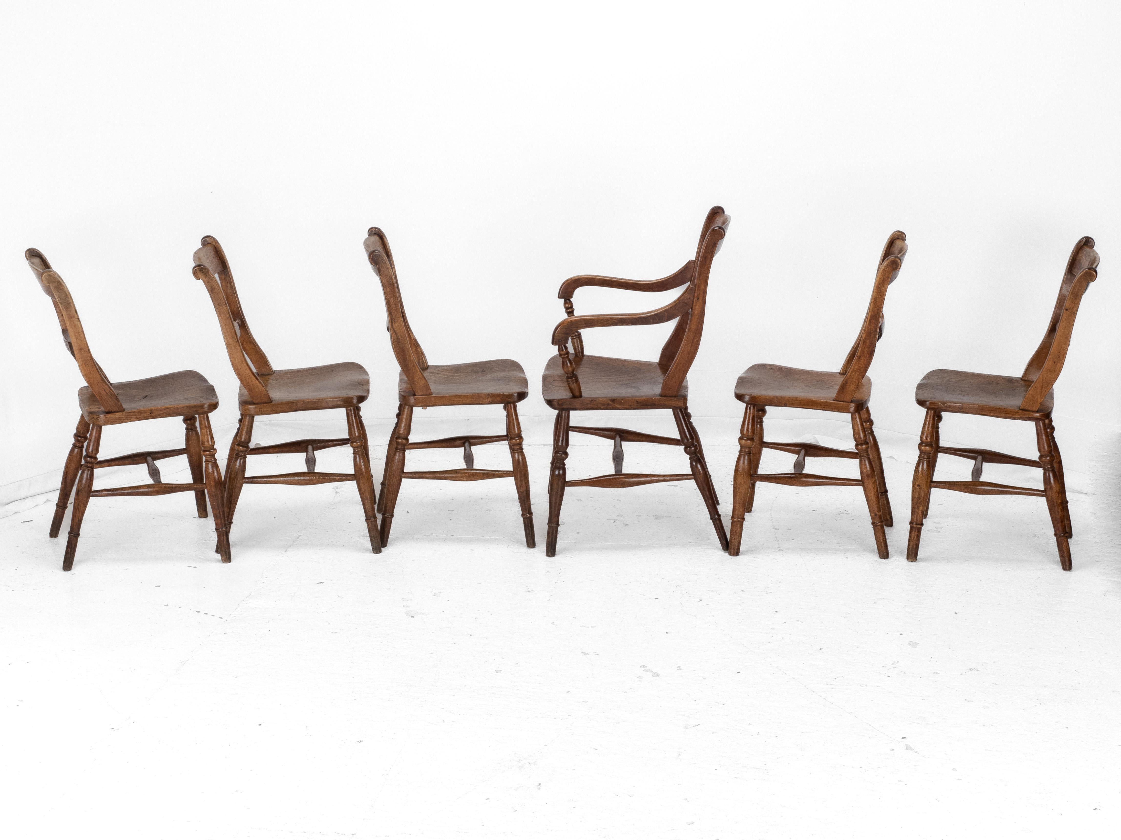 Woodwork C.19th Set of 6 Elm Ash Beech Windsor Farmhouse Kitchen Dining Chairs and Carver For Sale