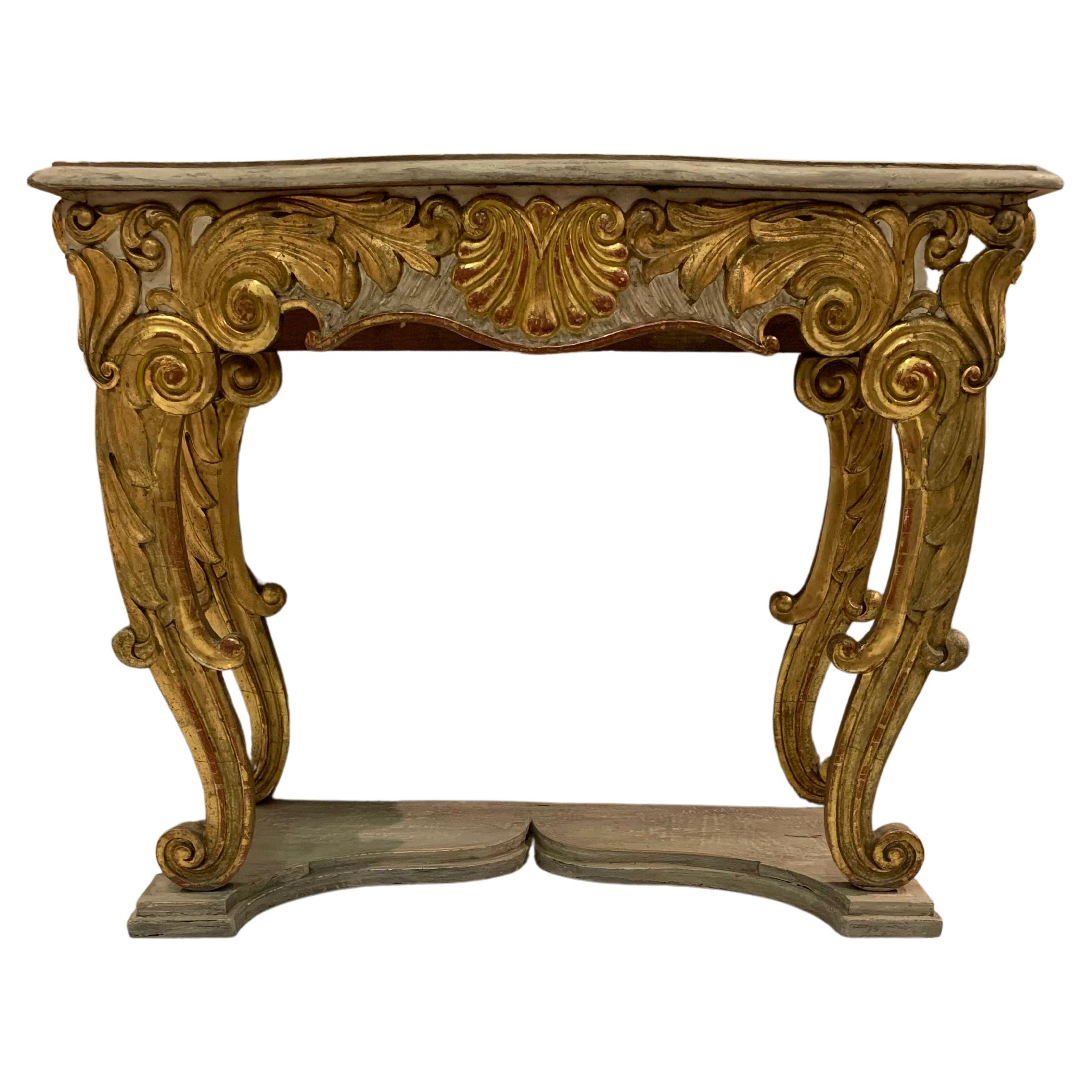 C19th Swedish Rococo Console with Gilded & Painted Shells & Scroll Decoration