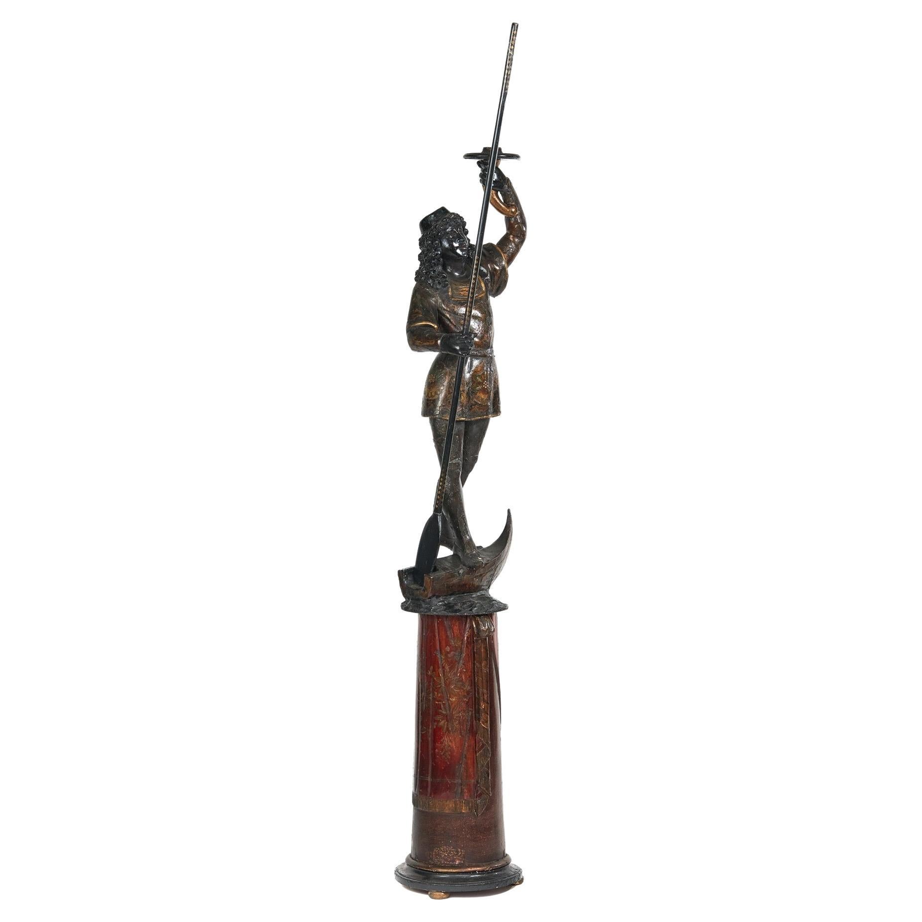 C 19th Venetian Carved Gondolier Figure Candlestand For Sale