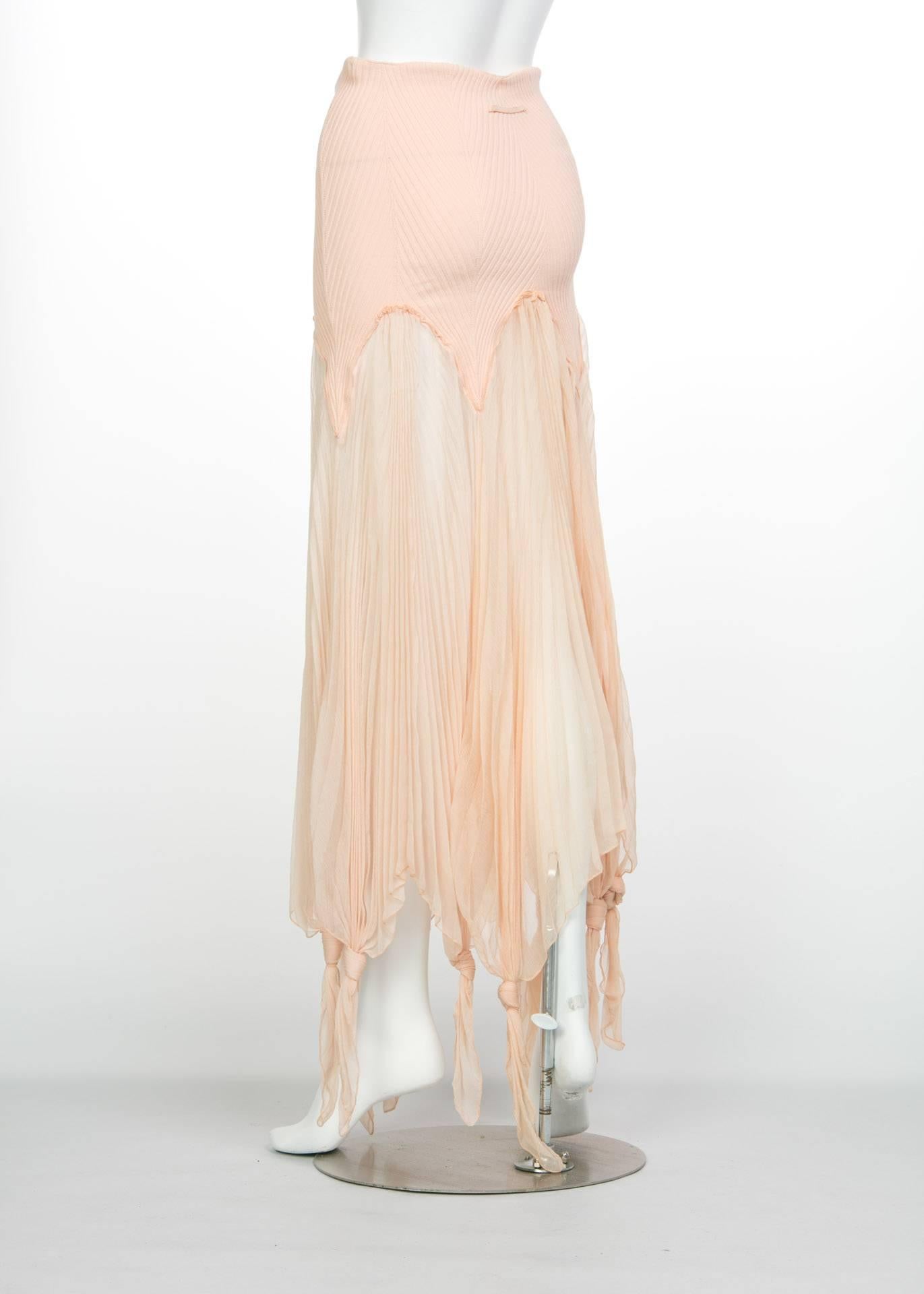 Women's Jean Paul Gaultier Blush Crinkle Silk Chiffon Rib Knit Yoke Skirt, 2000s