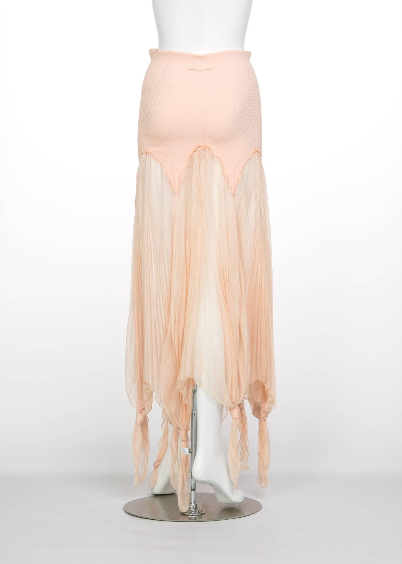 Jean Paul Gaultier Blush Crinkle Silk Chiffon Rib Knit Yoke Skirt, 2000s 2