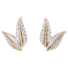 c2003 Tiffany & Co Leaf Earrings Vintage Sterling Silver 18k Gold Clip On Signed