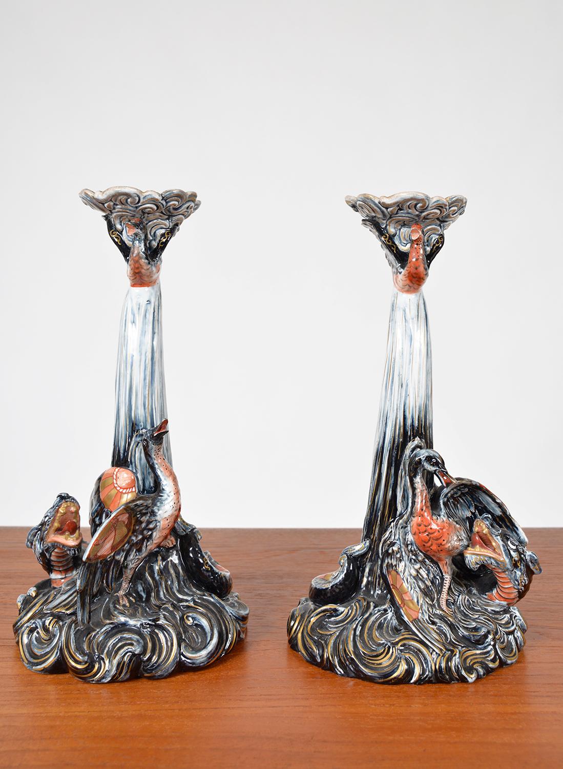 Paire de chandeliers Keller & Guerin en poterie française Lunéville Saint Clément C20th en vente 8