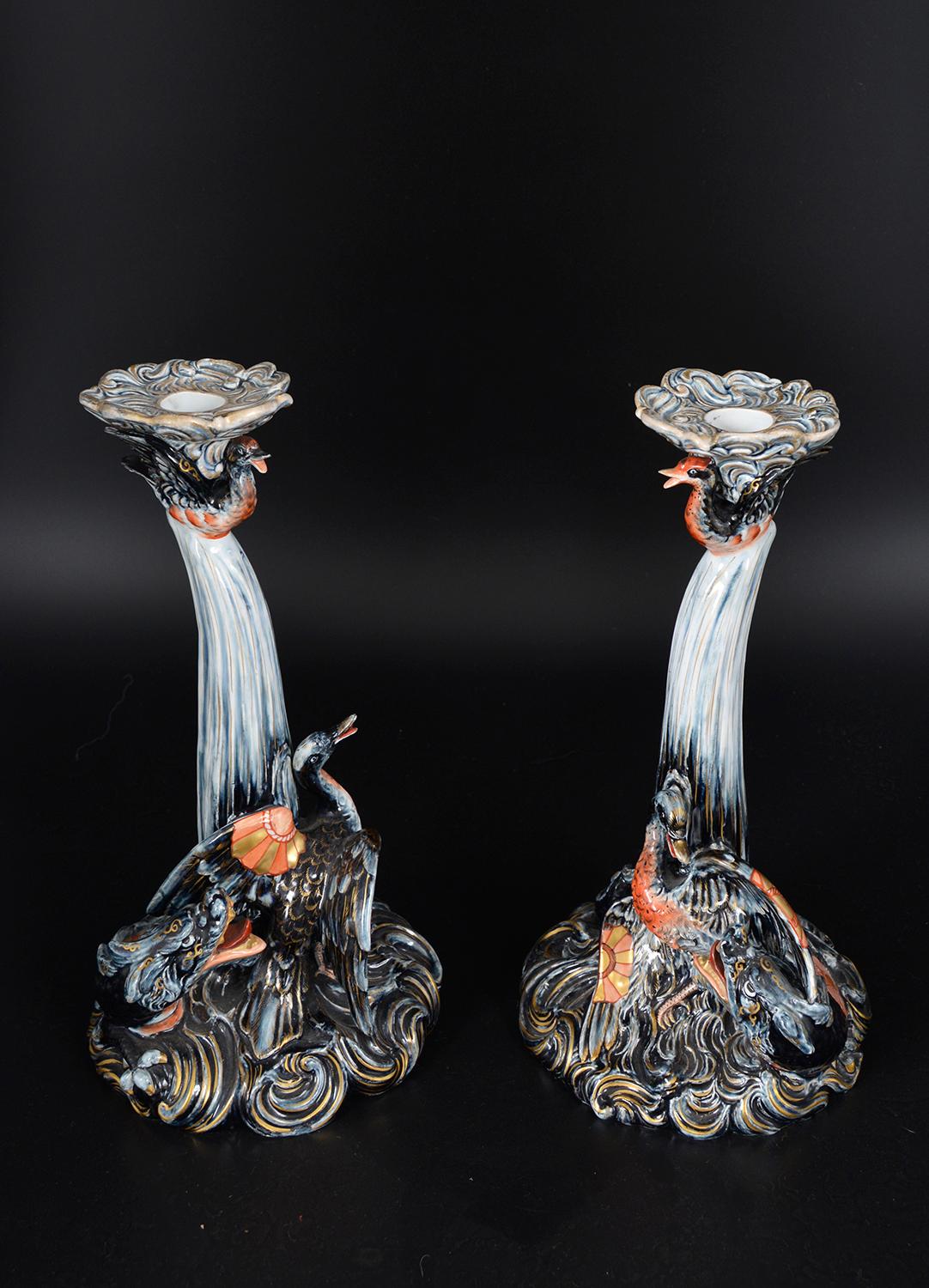 Belle Époque Paire de chandeliers Keller & Guerin en poterie française Lunéville Saint Clément C20th en vente