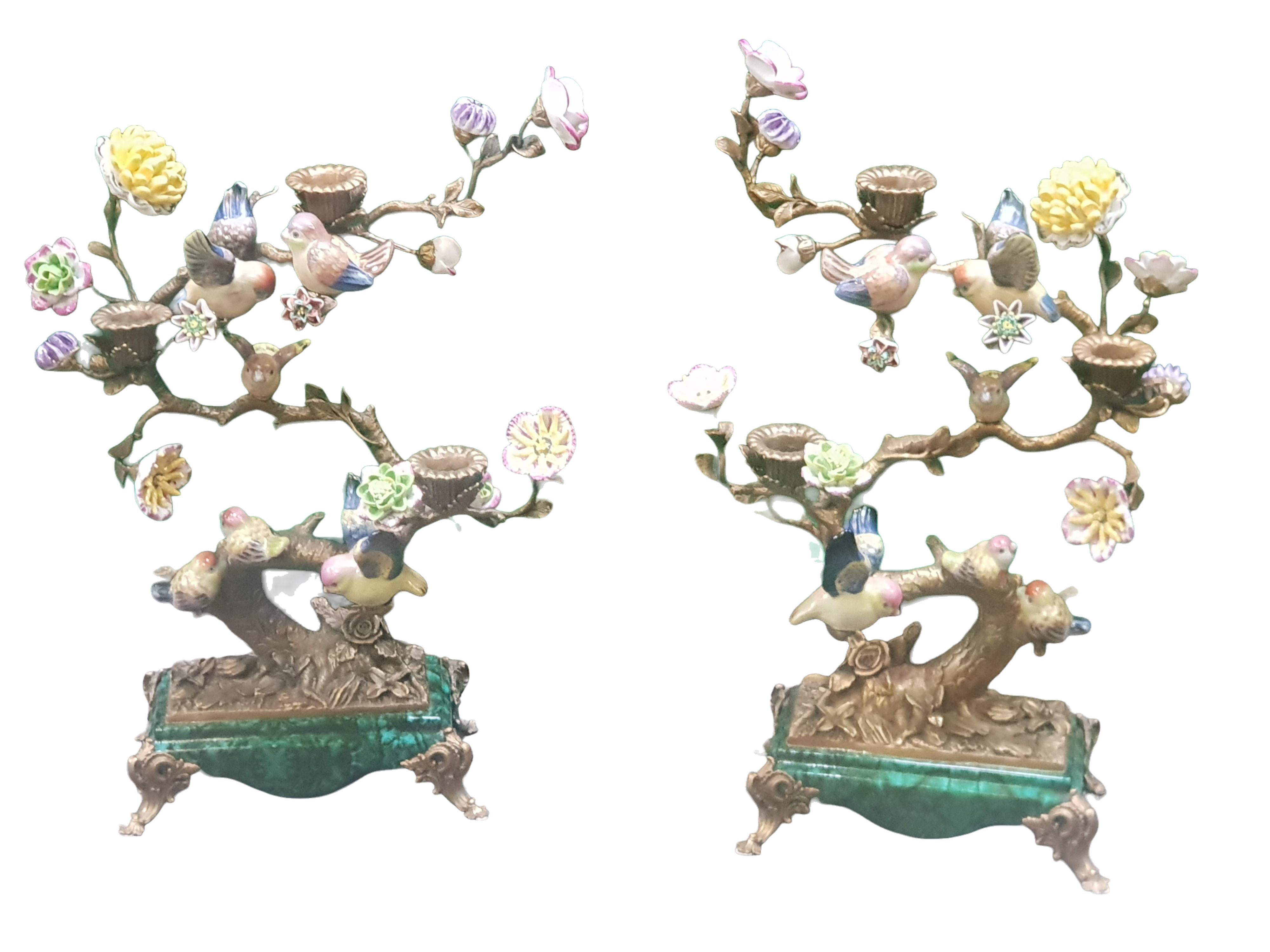 A Delightful Pair of Tree of Life Candelabras
Each Branch has Hand Painted Porcelain FLowers and Birds
Each candelabra is on a Faux Malachite Base.