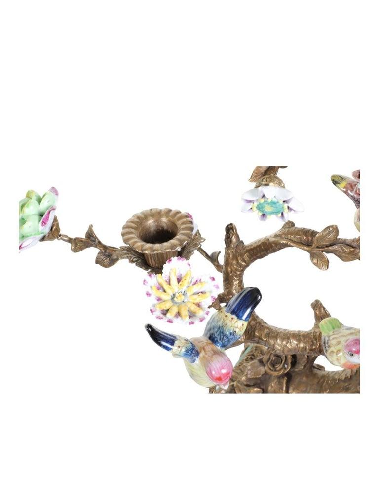 A Delightful Pair of Tree of Life Candelabras
Each Branch has Hand Painted Porcelain FLowers and Birds
Each candelabra is on a Faux Malachite Base.