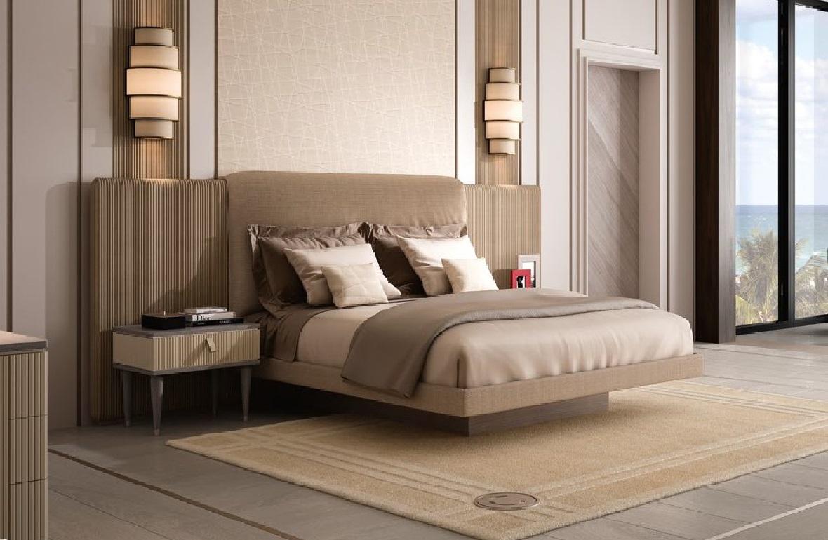 The Cocoon bed, available in different sizes, is a very sophisticated piece where different materials are perfectly harmonized.
The iconic Cocoon pattern is here presented on the parts in nabuk, while the recessed wooden basement gives the