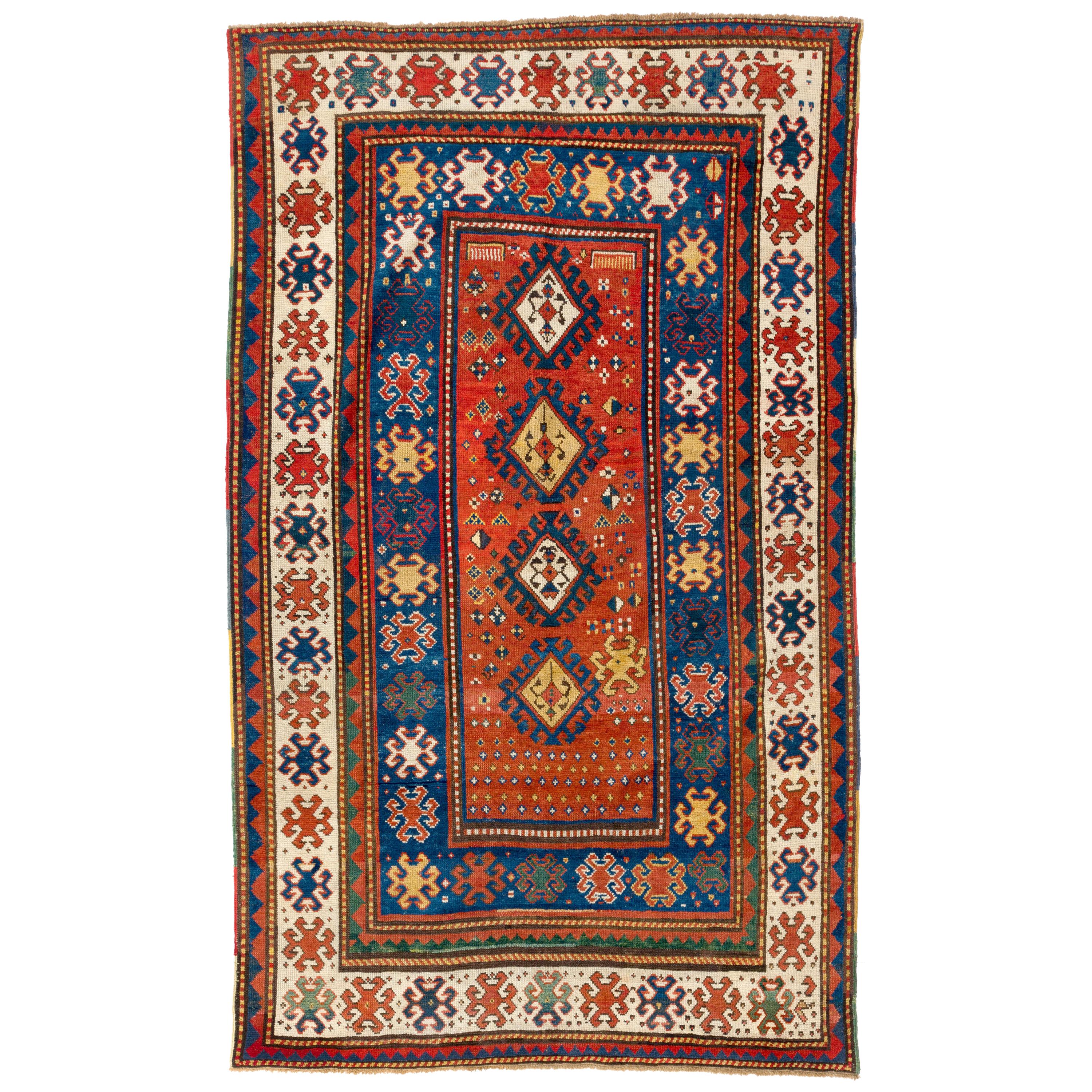 Antique Caucasian Kazak Rug, Red, Blue, Green, Yellow Colors, circa 1850 For Sale