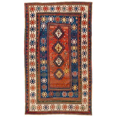 Tapis caucasien ancien Kazak, couleurs rouge, bleu, vert, jaune, vers 1850