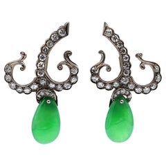 CA 1890 Antique Victorian Green Jadeite Jade and Diamond Earrings