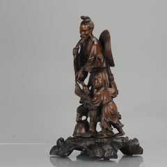 Fine Chinese Carved Wood Statue of a Fisherman, Son and Crane, circa 1900