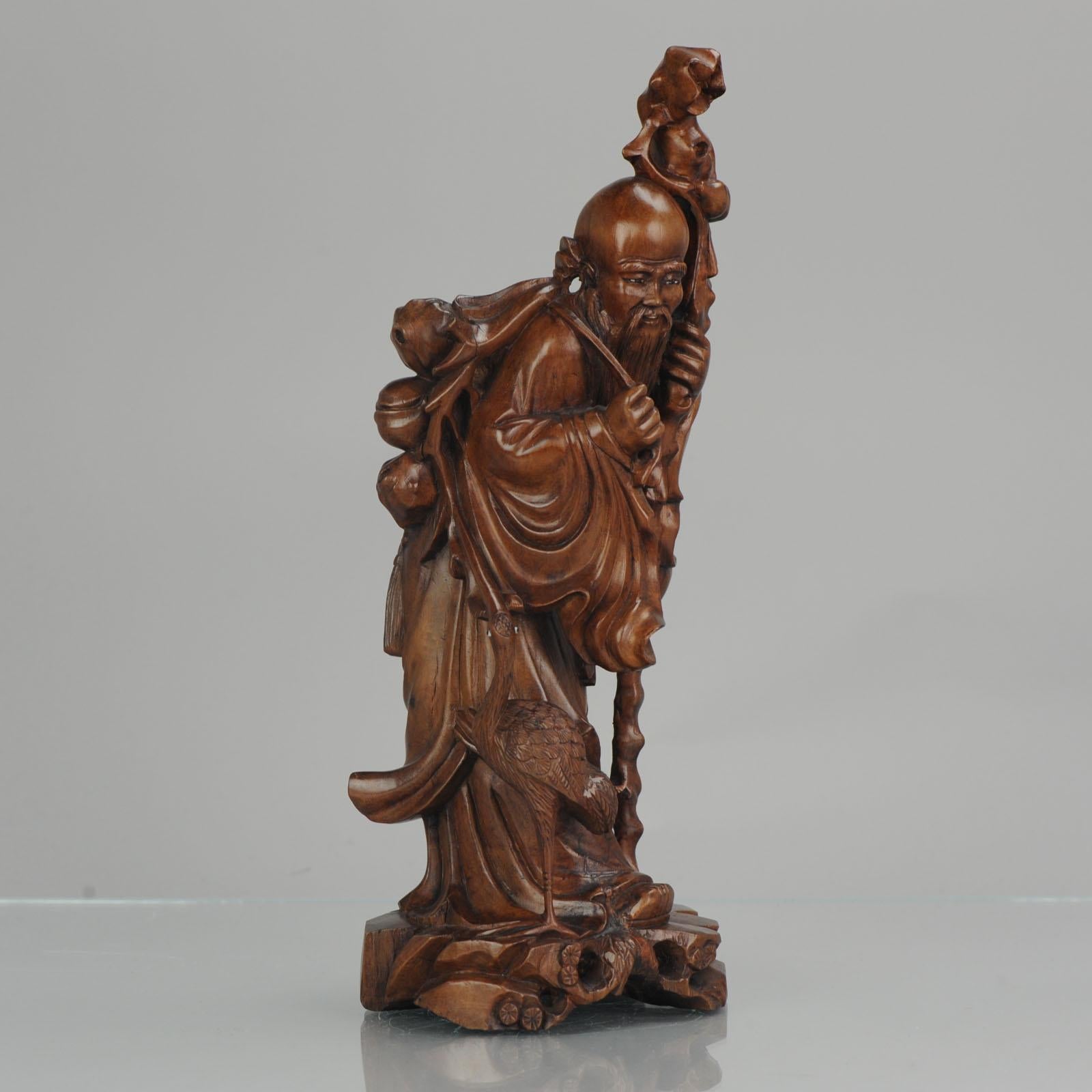 Fine Chinese Carved Wood Statue of Shou Lao Longevity Crane, circa 1900 2