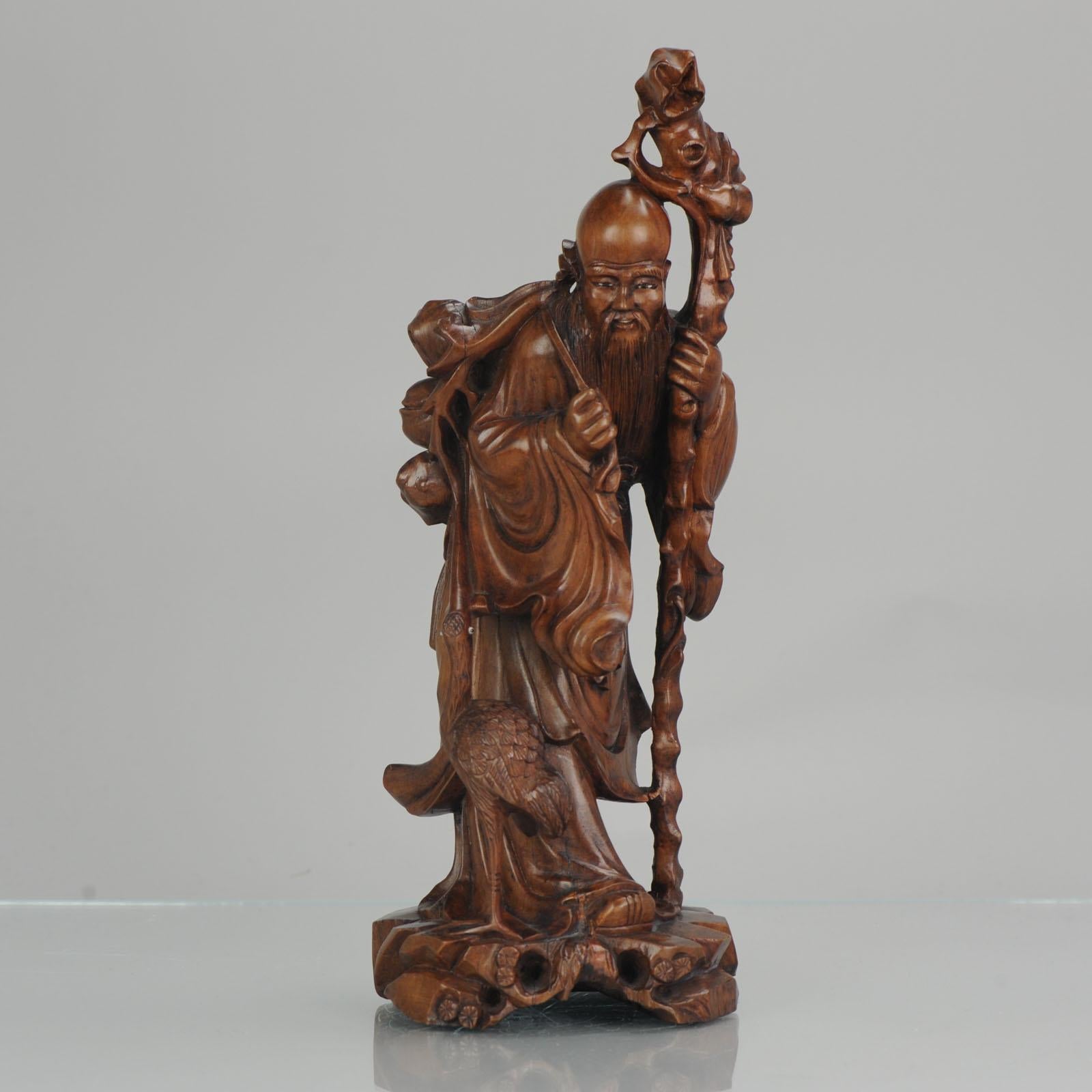 Fine Chinese Carved Wood Statue of Shou Lao Longevity Crane, circa 1900 3