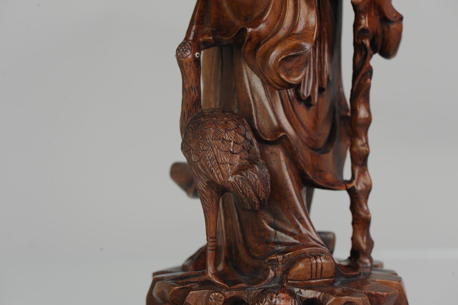 Fine Chinese Carved Wood Statue of Shou Lao Longevity Crane, circa 1900 7