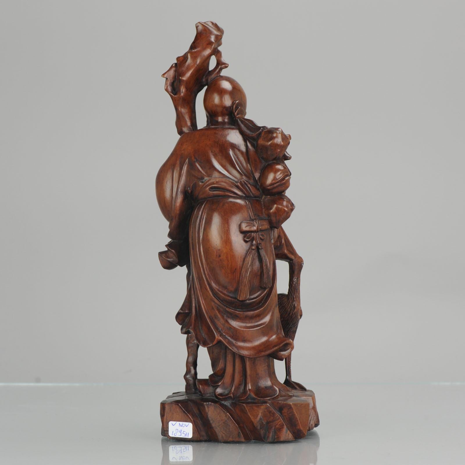 20th Century Fine Chinese Carved Wood Statue of Shou Lao Longevity Crane, circa 1900