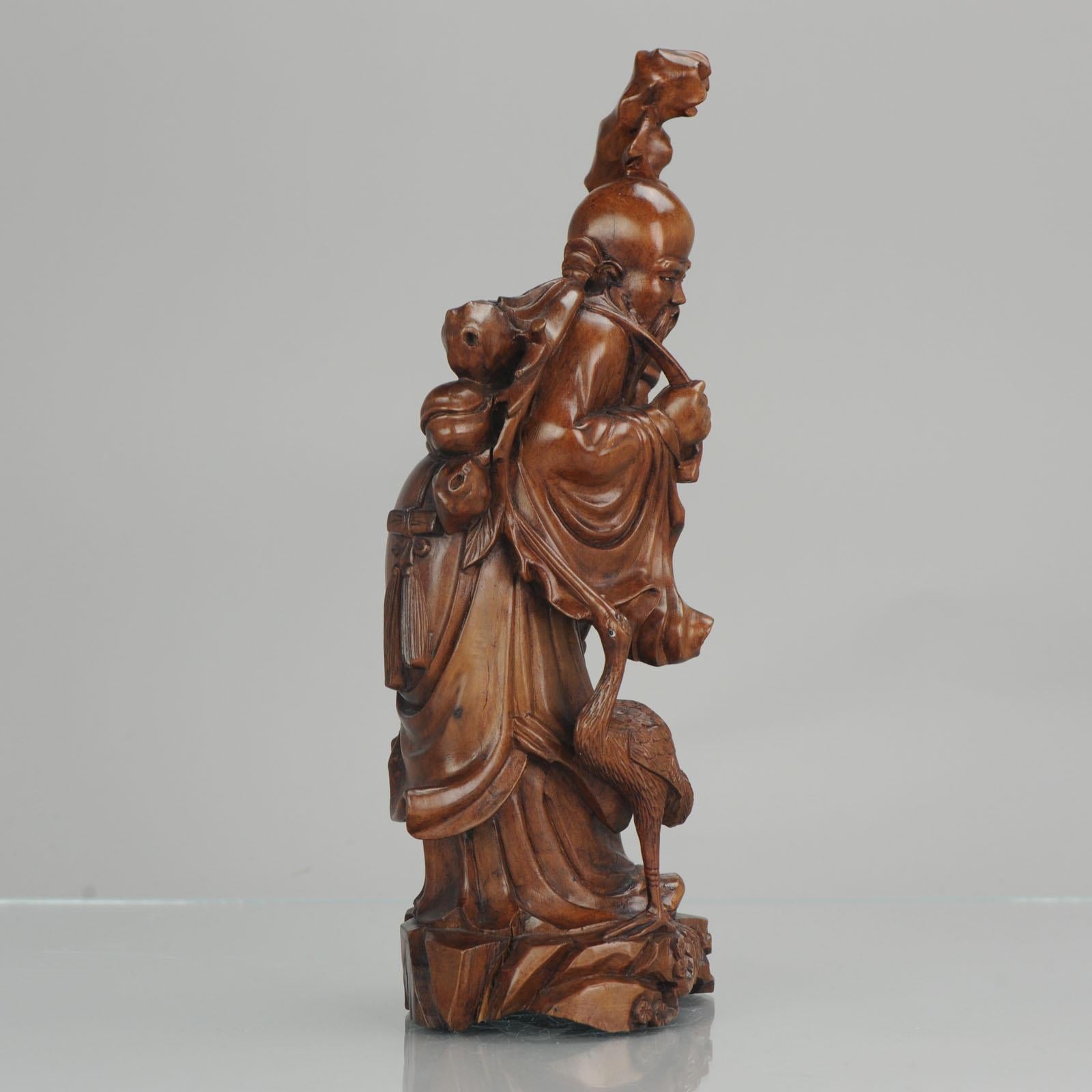 Fine Chinese Carved Wood Statue of Shou Lao Longevity Crane, circa 1900 1