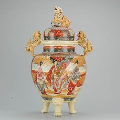 Japanese Meiji Hand Painted Satsuma Vase Pot Warriors Hunters Antique circa 1900
