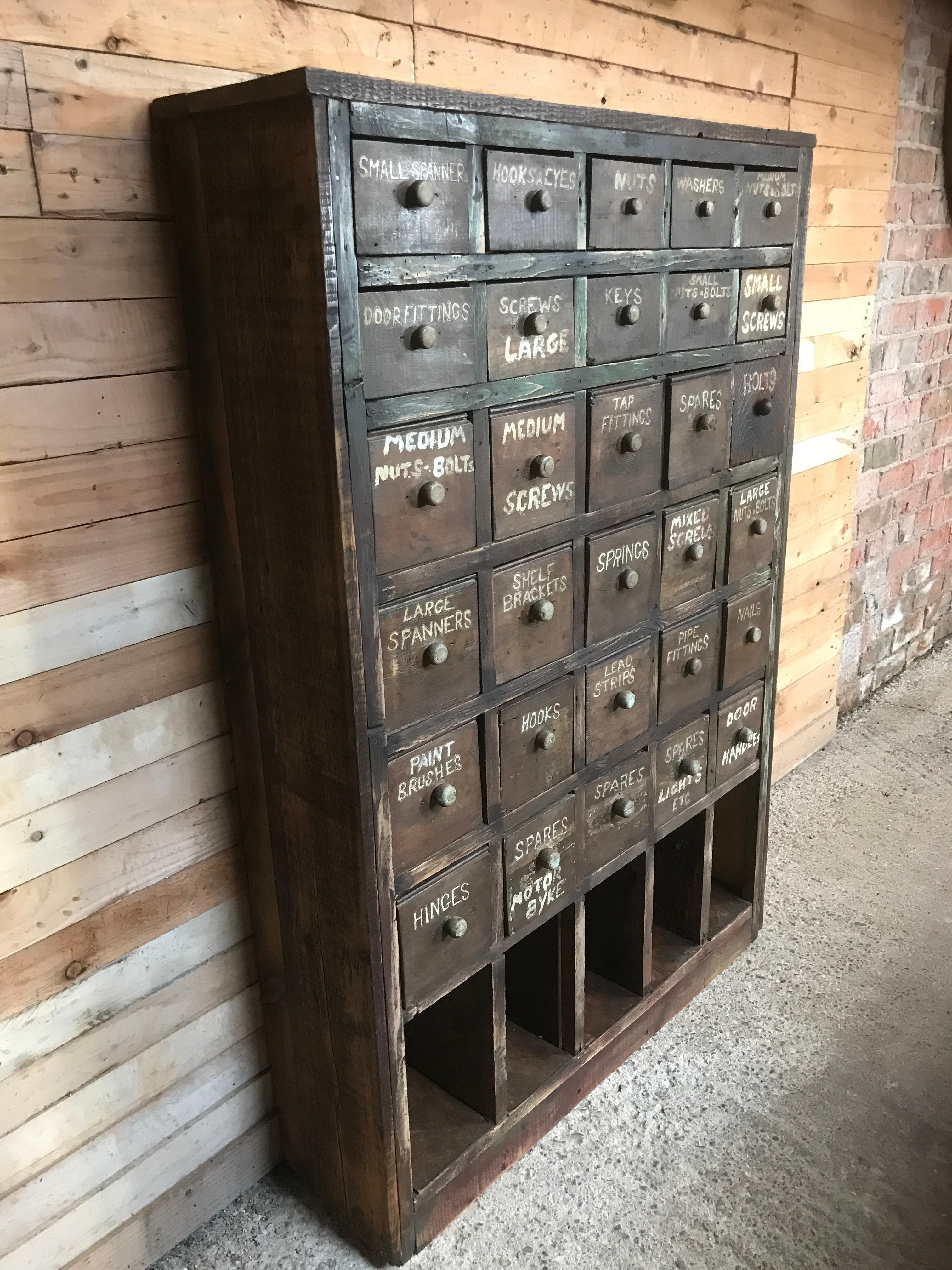 Wood Ca 1900 Vintage industrial workshop pigeon hole cabinet with 30 drawers For Sale