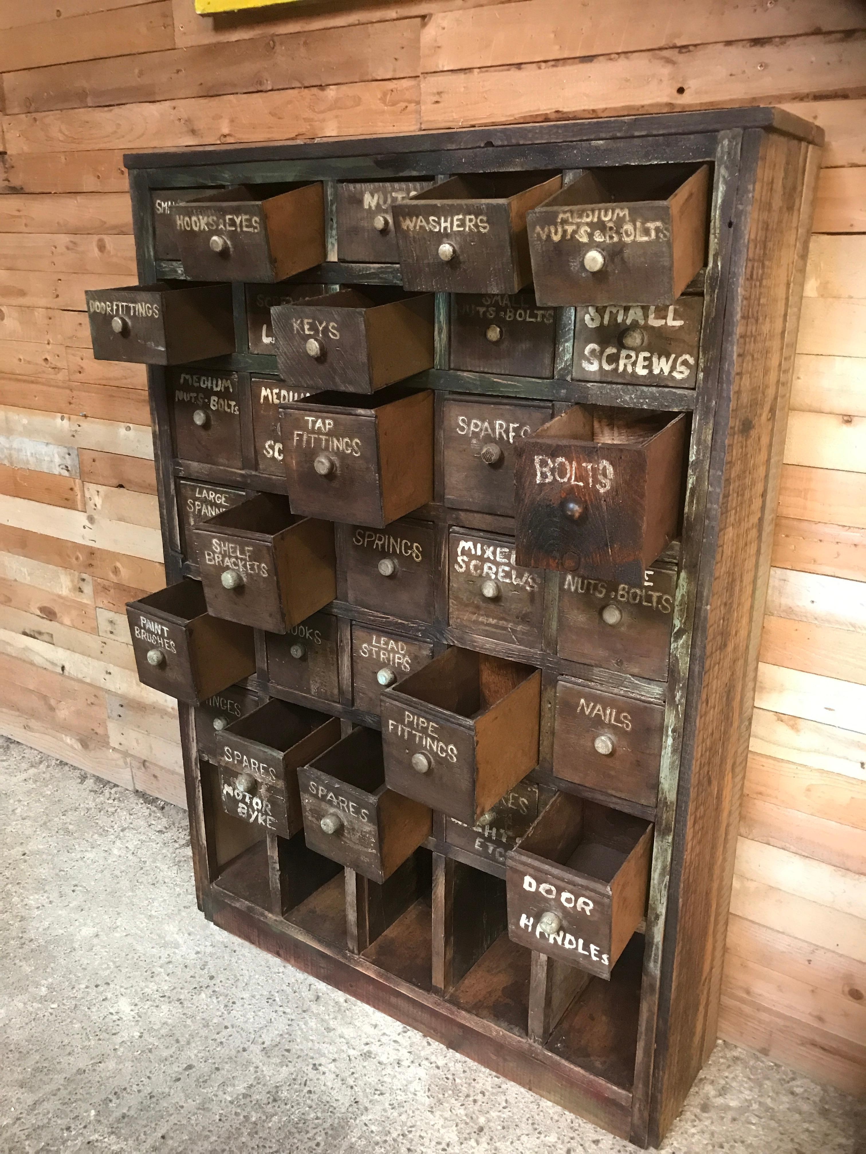 British Ca 1900 Vintage industrial workshop pigeon hole cabinet with 30 drawers For Sale