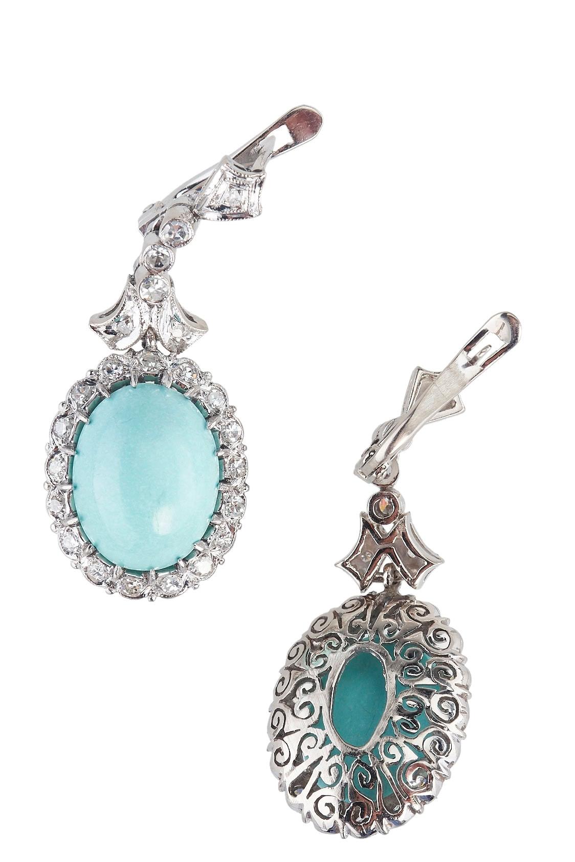 Taglio francese Ca. 1950 - Orecchini francesi in oro con turchese e diamanti in vendita