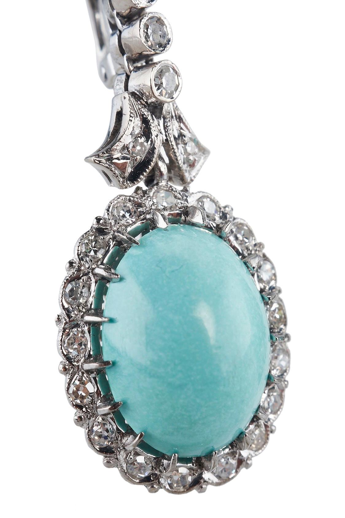 Ca. 1950 - Orecchini francesi in oro con turchese e diamanti In condizioni buone in vendita a Berlin, DE