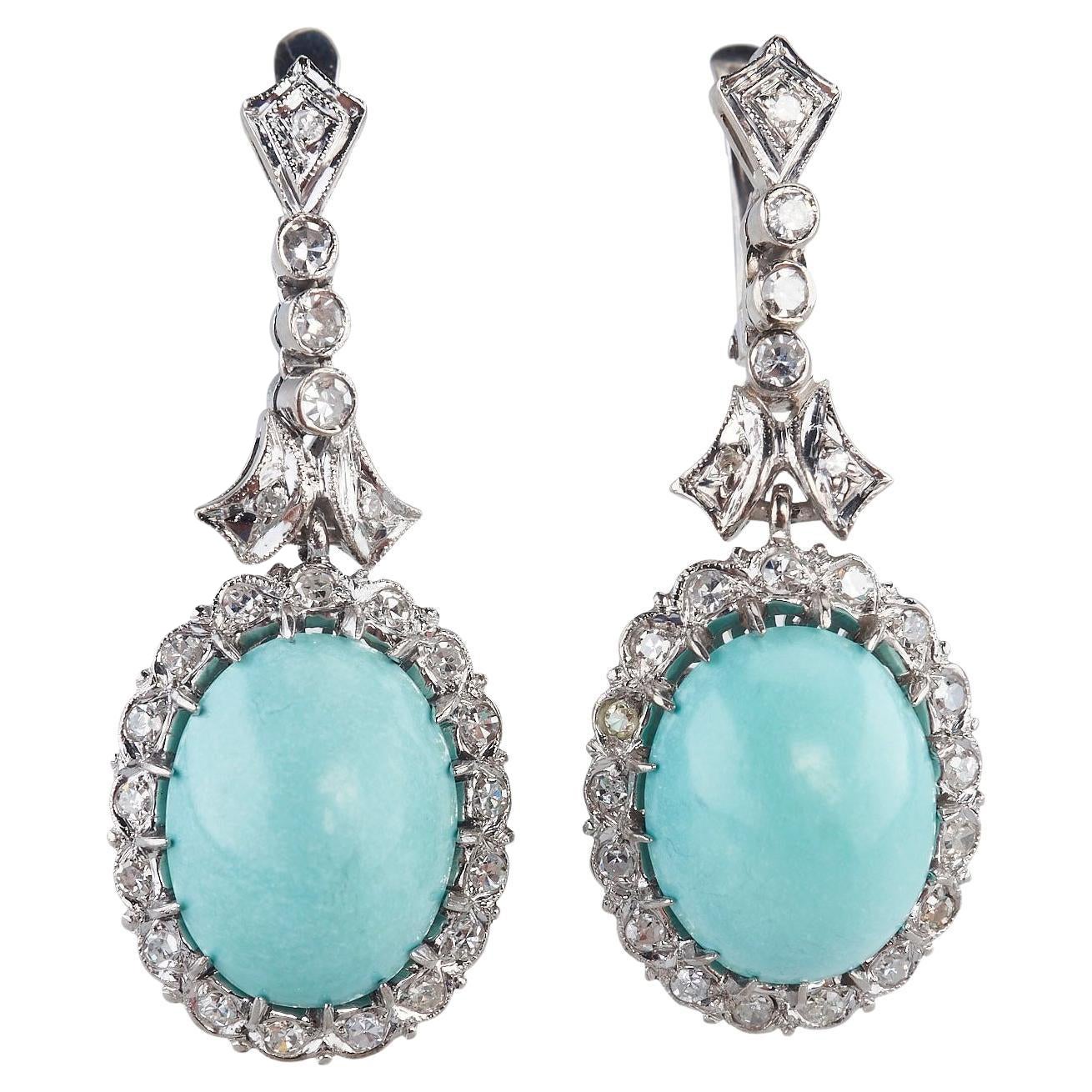 Ca. 1950 – French Gold Earrings with Turquoise & Diamonds