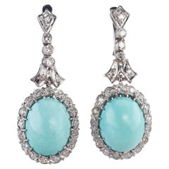 Ca. 1950 – French Gold Earrings with Turquoise & Diamonds